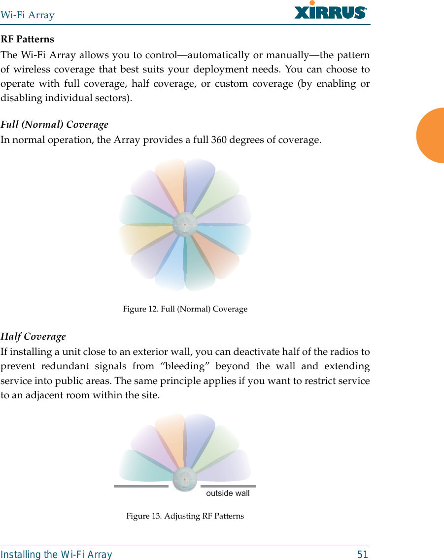Wi-Fi ArrayInstalling the Wi-Fi Array 51RF PatternsThe Wi-Fi Array allows you to control—automatically or manually—the patternof wireless coverage that best suits your deployment needs. You can choose tooperate with full coverage, half coverage, or custom coverage (by enabling ordisabling individual sectors).Full (Normal) CoverageIn normal operation, the Array provides a full 360 degrees of coverage.Figure 12. Full (Normal) CoverageHalf CoverageIf installing a unit close to an exterior wall, you can deactivate half of the radios toprevent redundant signals from “bleeding” beyond the wall and extendingservice into public areas. The same principle applies if you want to restrict serviceto an adjacent room within the site.Figure 13. Adjusting RF Patternsoutside wall