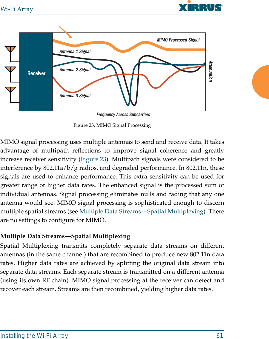 Wi-Fi ArrayInstalling the Wi-Fi Array 61Figure 23. MIMO Signal ProcessingMIMO signal processing uses multiple antennas to send and receive data. It takesadvantage of multipath reflections to improve signal coherence and greatlyincrease receiver sensitivity (Figure 23). Multipath signals were considered to beinterference by 802.11a/b/g radios, and degraded performance. In 802.11n, thesesignals are used to enhance performance. This extra sensitivity can be used forgreater range or higher data rates. The enhanced signal is the processed sum ofindividual antennas. Signal processing eliminates nulls and fading that any oneantenna would see. MIMO signal processing is sophisticated enough to discernmultiple spatial streams (see Multiple Data Streams—Spatial Multiplexing). Thereare no settings to configure for MIMO. Multiple Data Streams—Spatial MultiplexingSpatial Multiplexing transmits completely separate data streams on differentantennas (in the same channel) that are recombined to produce new 802.11n datarates. Higher data rates are achieved by splitting the original data stream intoseparate data streams. Each separate stream is transmitted on a different antenna(using its own RF chain). MIMO signal processing at the receiver can detect andrecover each stream. Streams are then recombined, yielding higher data rates. Frequency Across SubcarriersAttenuationAntenna 1 SignalMIMO Processed SignalAntenna 2 SignalAntenna 3 SignalReceiver