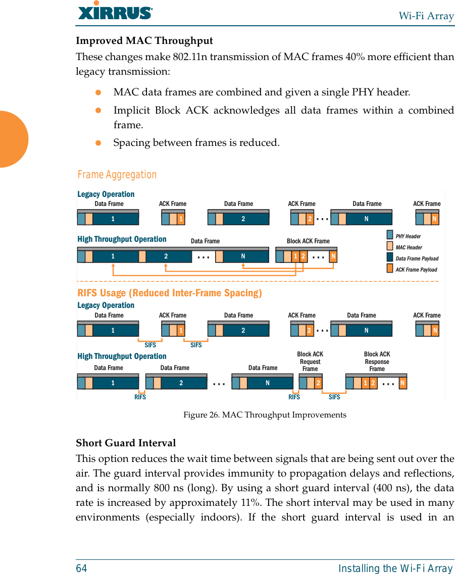 Wi-Fi Array64 Installing the Wi-Fi ArrayImproved MAC ThroughputThese changes make 802.11n transmission of MAC frames 40% more efficient thanlegacy transmission:zMAC data frames are combined and given a single PHY header.zImplicit Block ACK acknowledges all data frames within a combinedframe. zSpacing between frames is reduced. Figure 26. MAC Throughput ImprovementsShort Guard IntervalThis option reduces the wait time between signals that are being sent out over theair. The guard interval provides immunity to propagation delays and reflections,and is normally 800 ns (long). By using a short guard interval (400 ns), the datarate is increased by approximately 11%. The short interval may be used in manyenvironments (especially indoors). If the short guard interval is used in anNACK FrameNData Frame2Data FramePHY HeaderMAC HeaderData Frame PayloadACK Frame PayloadLegacy OperationHigh Throughput OperationData Framessssss sss1Data Frame Block ACK Frame1122NNACK Frame1 2ACK FrameNNData FrameSIFSSIFSSIFSRIFS RIFSLegacy OperationHigh Throughput OperationData Frame ACK Framesssssssss11 2Data Frame Data Frame Data FrameBlock ACKRequestFrameBlock ACKResponseFrame12 N1 2 22Data Frame ACK FrameNACK FrameRIFS Usage (Reduced Inter-Frame Spacing)Frame Aggregation