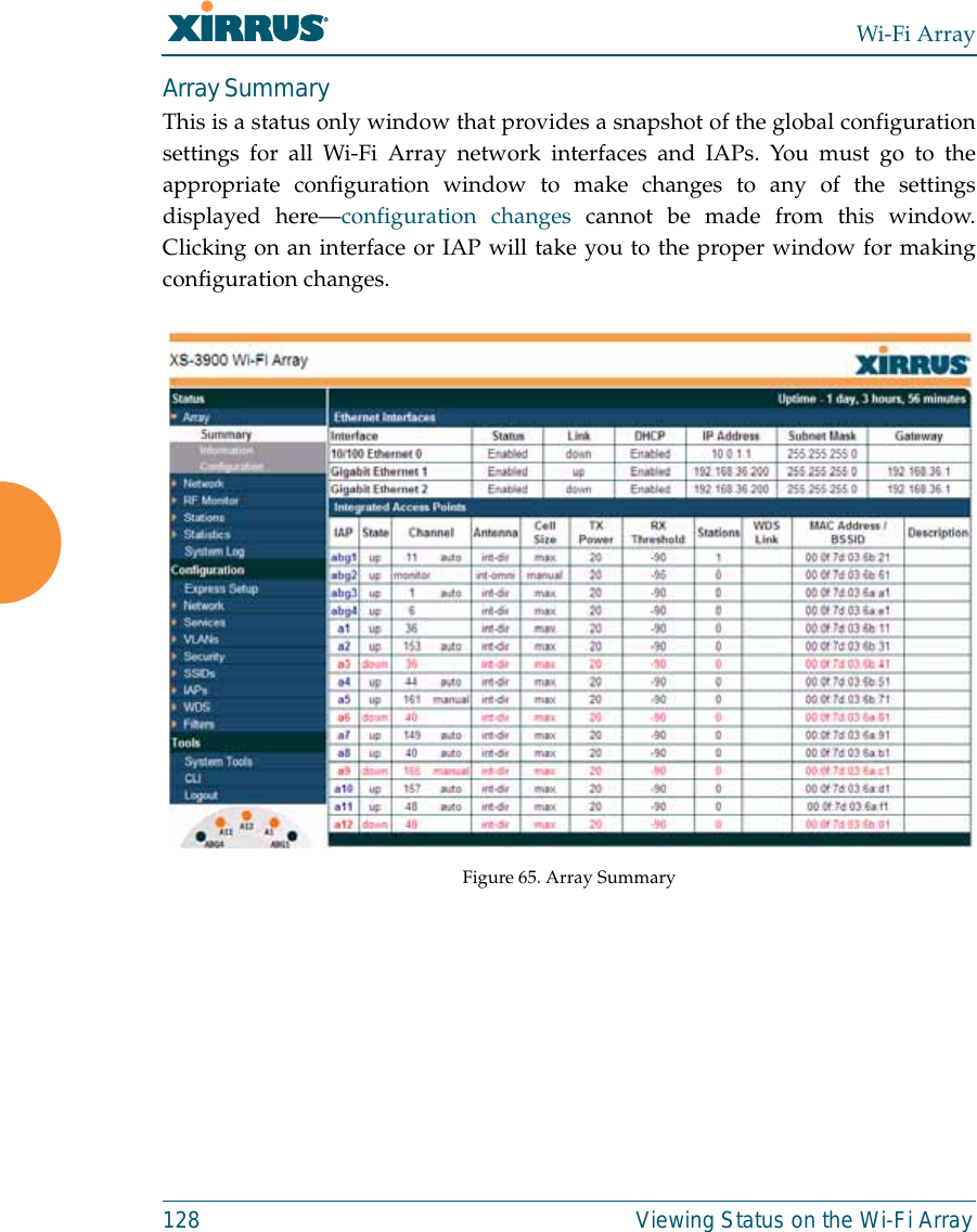 Wi-Fi Array128 Viewing Status on the Wi-Fi ArrayArray SummaryThis is a status only window that provides a snapshot of the global configurationsettings for all Wi-Fi Array network interfaces and IAPs. You must go to theappropriate configuration window to make changes to any of the settingsdisplayed here—configuration changes cannot be made from this window.Clicking on an interface or IAP will take you to the proper window for makingconfiguration changes.  Figure 65. Array Summary