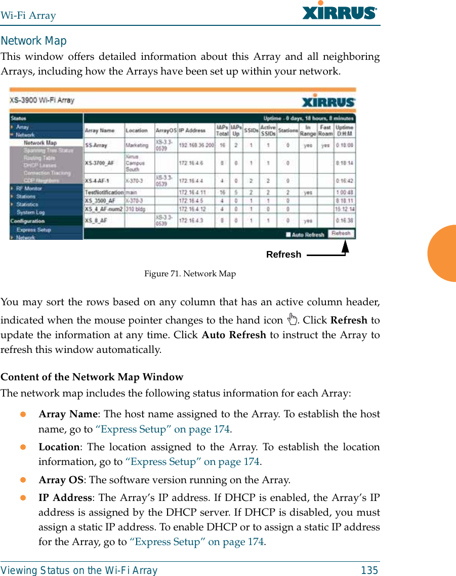 Wi-Fi ArrayViewing Status on the Wi-Fi Array 135Network MapThis window offers detailed information about this Array and all neighboringArrays, including how the Arrays have been set up within your network. Figure 71. Network MapYou may sort the rows based on any column that has an active column header,indicated when the mouse pointer changes to the hand icon  . Click Refresh toupdate the information at any time. Click Auto Refresh to instruct the Array torefresh this window automatically.Content of the Network Map WindowThe network map includes the following status information for each Array:zArray Name: The host name assigned to the Array. To establish the hostname, go to “Express Setup” on page 174.zLocation: The location assigned to the Array. To establish the locationinformation, go to “Express Setup” on page 174.zArray OS: The software version running on the Array.zIP Address: The Array’s IP address. If DHCP is enabled, the Array’s IPaddress is assigned by the DHCP server. If DHCP is disabled, you mustassign a static IP address. To enable DHCP or to assign a static IP addressfor the Array, go to “Express Setup” on page 174.Refresh
