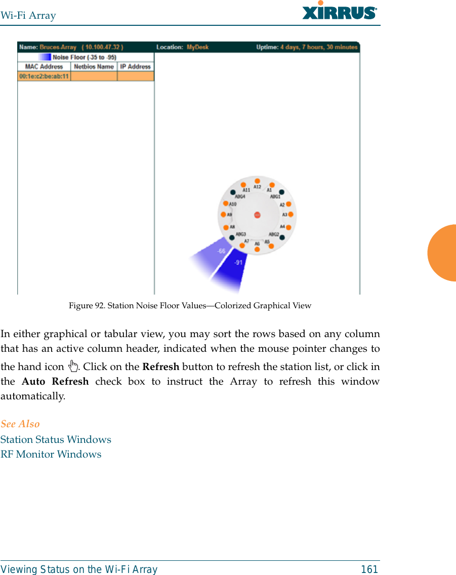 Wi-Fi ArrayViewing Status on the Wi-Fi Array 161Figure 92. Station Noise Floor Values—Colorized Graphical View In either graphical or tabular view, you may sort the rows based on any columnthat has an active column header, indicated when the mouse pointer changes tothe hand icon  . Click on the Refresh button to refresh the station list, or click inthe  Auto Refresh check box to instruct the Array to refresh this windowautomatically. See AlsoStation Status WindowsRF Monitor Windows
