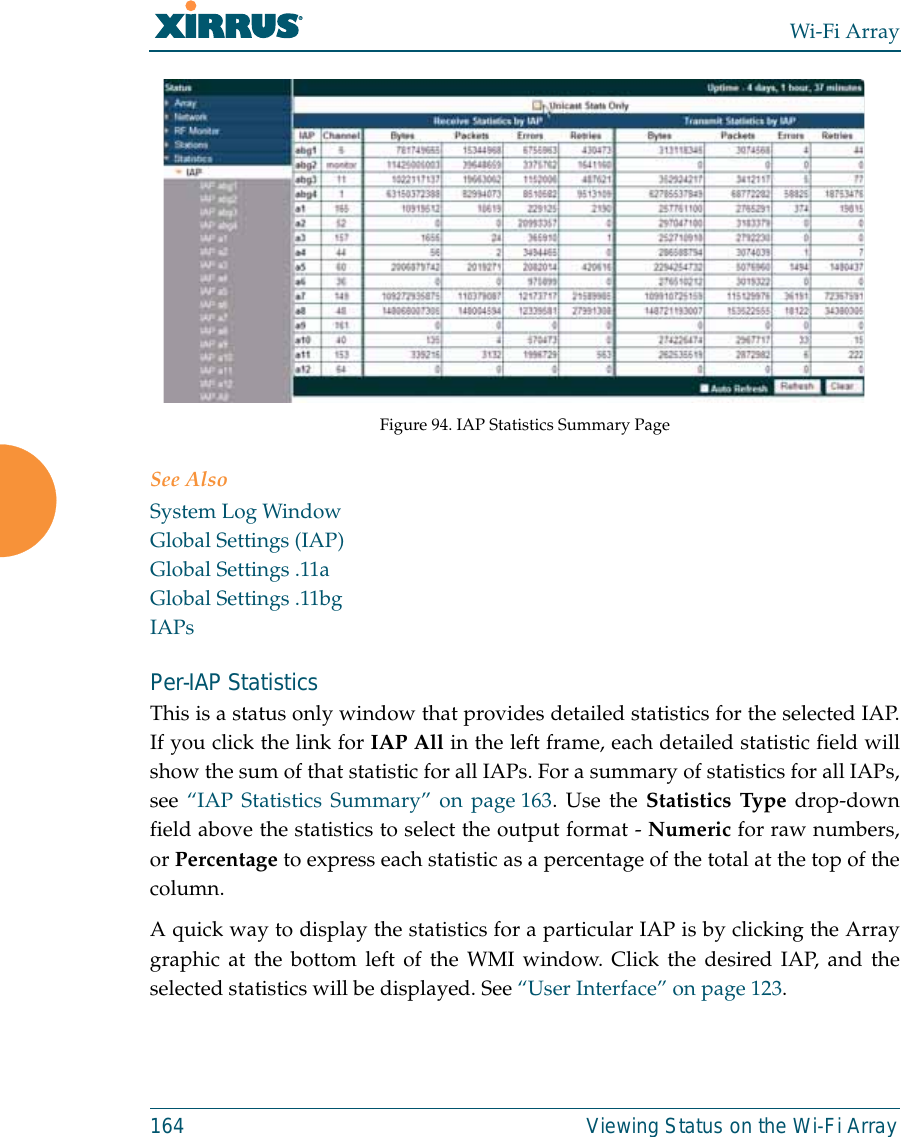 Wi-Fi Array164 Viewing Status on the Wi-Fi ArrayFigure 94. IAP Statistics Summary PageSee AlsoSystem Log WindowGlobal Settings (IAP)Global Settings .11aGlobal Settings .11bgIAPsPer-IAP Statistics This is a status only window that provides detailed statistics for the selected IAP.If you click the link for IAP All in the left frame, each detailed statistic field willshow the sum of that statistic for all IAPs. For a summary of statistics for all IAPs,see “IAP Statistics Summary” on page 163. Use the Statistics Type drop-downfield above the statistics to select the output format - Numeric for raw numbers,or Percentage to express each statistic as a percentage of the total at the top of thecolumn. A quick way to display the statistics for a particular IAP is by clicking the Arraygraphic at the bottom left of the WMI window. Click the desired IAP, and theselected statistics will be displayed. See “User Interface” on page 123. 