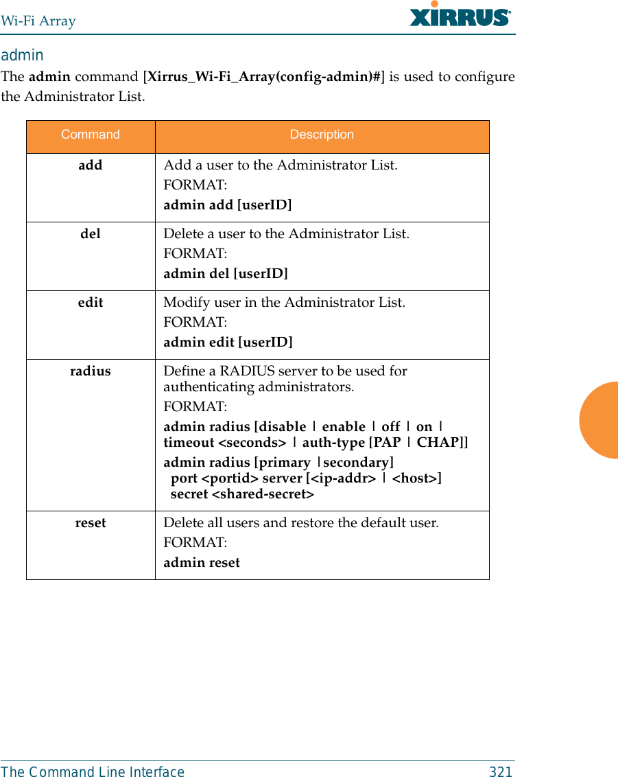 Wi-Fi ArrayThe Command Line Interface 321admin The admin command [Xirrus_Wi-Fi_Array(config-admin)#] is used to configurethe Administrator List.Command Descriptionadd  Add a user to the Administrator List.FORMAT:admin add [userID]del Delete a user to the Administrator List.FORMAT:admin del [userID]edit Modify user in the Administrator List.FORMAT:admin edit [userID]radius Define a RADIUS server to be used for authenticating administrators.FORMAT:admin radius [disable | enable | off | on | timeout &lt;seconds&gt; | auth-type [PAP | CHAP]] admin radius [primary |secondary] port &lt;portid&gt; server [&lt;ip-addr&gt; | &lt;host&gt;] secret &lt;shared-secret&gt;reset Delete all users and restore the default user.FORMAT:admin reset