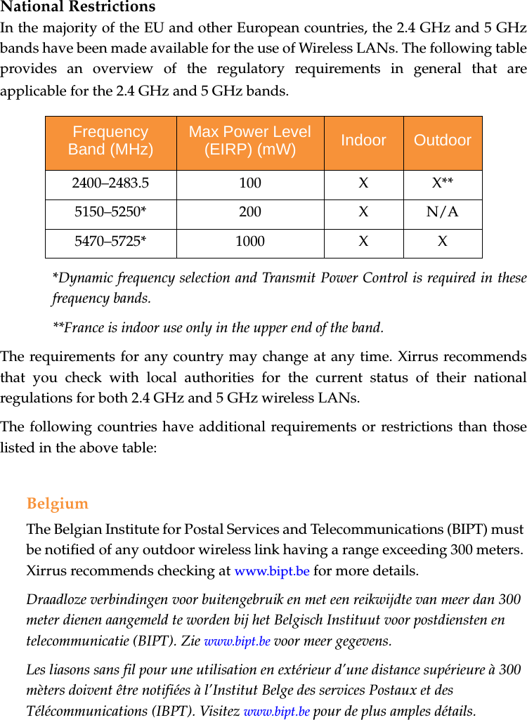 National RestrictionsIn the majority of the EU and other European countries, the 2.4 GHz and 5 GHz bands have been made available for the use of Wireless LANs. The following table provides an overview of the regulatory requirements in general that are applicable for the 2.4 GHz and 5 GHz bands.*Dynamic frequency selection and Transmit Power Control is required in these frequency bands.**France is indoor use only in the upper end of the band.The requirements for any country may change at any time. Xirrus recommends that you check with local authorities for the current status of their national regulations for both 2.4 GHz and 5 GHz wireless LANs.The following countries have additional requirements or restrictions than those listed in the above table:BelgiumThe Belgian Institute for Postal Services and Telecommunications (BIPT) must be notified of any outdoor wireless link having a range exceeding 300 meters. Xirrus recommends checking at www.bipt.be for more details.Draadloze verbindingen voor buitengebruik en met een reikwijdte van meer dan 300 meter dienen aangemeld te worden bij het Belgisch Instituut voor postdiensten en telecommunicatie (BIPT). Zie www.bipt.be voor meer gegevens.Les liasons sans fil pour une utilisation en extérieur d’une distance supérieure à 300 mèters doivent être notifiées à l’Institut Belge des services Postaux et des Télécommunications (IBPT). Visitez www.bipt.be pour de plus amples détails.Frequency Band (MHz) Max Power Level (EIRP) (mW) Indoor Outdoor 2400–2483.5 100 X X**5150–5250* 200 X N/A5470–5725* 1000 X X