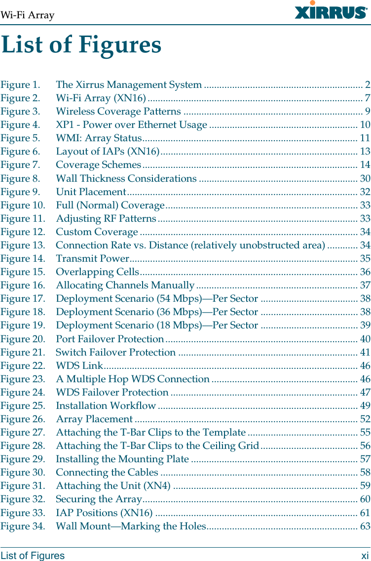 Wi-Fi ArrayList of Figures xiList of FiguresFigure 1. The Xirrus Management System .............................................................. 2Figure 2. Wi-Fi Array (XN16).................................................................................... 7Figure 3. Wireless Coverage Patterns ...................................................................... 9Figure 4. XP1 - Power over Ethernet Usage .......................................................... 10Figure 5. WMI: Array Status.................................................................................... 11Figure 6. Layout of IAPs (XN16)............................................................................. 13Figure 7. Coverage Schemes.................................................................................... 14Figure 8. Wall Thickness Considerations .............................................................. 30Figure 9. Unit Placement.......................................................................................... 32Figure 10. Full (Normal) Coverage........................................................................... 33Figure 11. Adjusting RF Patterns.............................................................................. 33Figure 12. Custom Coverage ..................................................................................... 34Figure 13. Connection Rate vs. Distance (relatively unobstructed area) ............ 34Figure 14. Transmit Power......................................................................................... 35Figure 15. Overlapping Cells..................................................................................... 36Figure 16. Allocating Channels Manually............................................................... 37Figure 17. Deployment Scenario (54 Mbps)—Per Sector ...................................... 38Figure 18. Deployment Scenario (36 Mbps)—Per Sector ...................................... 38Figure 19. Deployment Scenario (18 Mbps)—Per Sector ...................................... 39Figure 20. Port Failover Protection........................................................................... 40Figure 21. Switch Failover Protection ...................................................................... 41Figure 22. WDS Link................................................................................................... 46Figure 23. A Multiple Hop WDS Connection ......................................................... 46Figure 24. WDS Failover Protection ......................................................................... 47Figure 25. Installation Workflow.............................................................................. 49Figure 26. Array Placement ....................................................................................... 52Figure 27. Attaching the T-Bar Clips to the Template ........................................... 55Figure 28. Attaching the T-Bar Clips to the Ceiling Grid...................................... 56Figure 29. Installing the Mounting Plate ................................................................. 57Figure 30. Connecting the Cables ............................................................................. 58Figure 31. Attaching the Unit (XN4) ........................................................................ 59Figure 32. Securing the Array.................................................................................... 60Figure 33. IAP Positions (XN16) ............................................................................... 61Figure 34. Wall Mount—Marking the Holes........................................................... 63