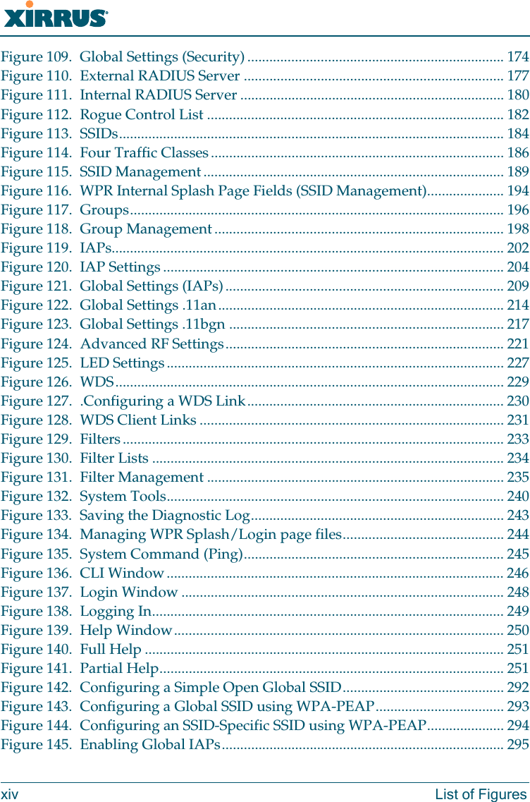 Wi-Fi Arrayxiv List of FiguresFigure 109. Global Settings (Security) ...................................................................... 174Figure 110. External RADIUS Server ....................................................................... 177Figure 111. Internal RADIUS Server ........................................................................ 180Figure 112. Rogue Control List ................................................................................. 182Figure 113. SSIDs......................................................................................................... 184Figure 114. Four Traffic Classes................................................................................ 186Figure 115. SSID Management.................................................................................. 189Figure 116. WPR Internal Splash Page Fields (SSID Management)..................... 194Figure 117. Groups...................................................................................................... 196Figure 118. Group Management ............................................................................... 198Figure 119. IAPs........................................................................................................... 202Figure 120. IAP Settings ............................................................................................. 204Figure 121. Global Settings (IAPs)............................................................................ 209Figure 122. Global Settings .11an.............................................................................. 214Figure 123. Global Settings .11bgn ........................................................................... 217Figure 124. Advanced RF Settings............................................................................ 221Figure 125. LED Settings............................................................................................ 227Figure 126. WDS.......................................................................................................... 229Figure 127. .Configuring a WDS Link...................................................................... 230Figure 128. WDS Client Links ................................................................................... 231Figure 129. Filters........................................................................................................ 233Figure 130. Filter Lists ................................................................................................ 234Figure 131. Filter Management ................................................................................. 235Figure 132. System Tools............................................................................................ 240Figure 133. Saving the Diagnostic Log..................................................................... 243Figure 134. Managing WPR Splash/Login page files............................................ 244Figure 135. System Command (Ping)....................................................................... 245Figure 136. CLI Window............................................................................................ 246Figure 137. Login Window ........................................................................................ 248Figure 138. Logging In................................................................................................ 249Figure 139. Help Window.......................................................................................... 250Figure 140. Full Help .................................................................................................. 251Figure 141. Partial Help.............................................................................................. 251Figure 142. Configuring a Simple Open Global SSID............................................ 292Figure 143. Configuring a Global SSID using WPA-PEAP................................... 293Figure 144. Configuring an SSID-Specific SSID using WPA-PEAP..................... 294Figure 145. Enabling Global IAPs............................................................................. 295