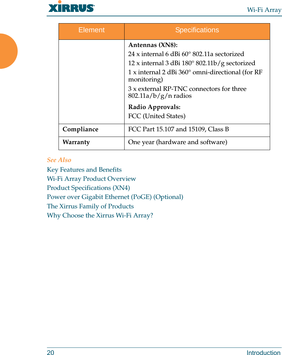 Wi-Fi Array20 IntroductionSee AlsoKey Features and BenefitsWi-Fi Array Product OverviewProduct Specifications (XN4)Power over Gigabit Ethernet (PoGE) (Optional)The Xirrus Family of ProductsWhy Choose the Xirrus Wi-Fi Array?Antennas (XN8):24 x internal 6 dBi 60° 802.11a sectorized12 x internal 3 dBi 180° 802.11b/g sectorized1 x internal 2 dBi 360° omni-directional (for RF monitoring)3 x external RP-TNC connectors for three 802.11a/b/g/n radiosRadio Approvals:FCC (United States) Compliance FCC Part 15.107 and 15109, Class BWarranty One year (hardware and software) Element Specifications