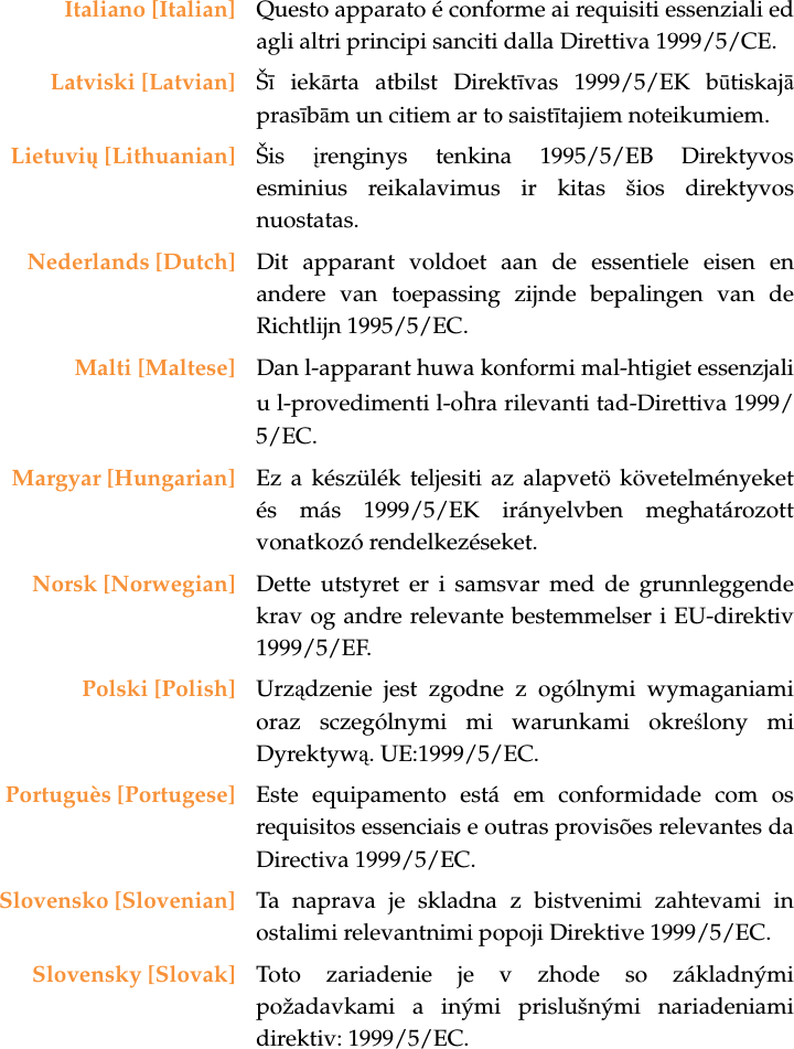 Italiano [Italian] Questo apparato é conforme ai requisiti essenziali ed agli altri principi sanciti dalla Direttiva 1999/5/CE.Latviski [Latvian] Šī iekārta atbilst Direktīvas 1999/5/EK būtiskajāprasībām un citiem ar to saistītajiem noteikumiem.Lietuvių [Lithuanian] Šis  įrenginys tenkina 1995/5/EB Direktyvos esminius reikalavimus ir kitas šios direktyvos nuostatas.Nederlands [Dutch] Dit apparant voldoet aan de essentiele eisen en andere van toepassing zijnde bepalingen van de Richtlijn 1995/5/EC.Malti [Maltese] Dan l-apparant huwa konformi mal-htigiet essenzjali u l-provedimenti l-ohra rilevanti tad-Direttiva 1999/5/EC.Margyar [Hungarian] Ez a készülék teljesiti az alapvetö követelményeket és más 1999/5/EK irányelvben meghatározott vonatkozó rendelkezéseket.Norsk [Norwegian] Dette utstyret er i samsvar med de grunnleggende krav og andre relevante bestemmelser i EU-direktiv 1999/5/EF.Polski [Polish] Urządzenie jest zgodne z ogólnymi wymaganiami oraz sczególnymi mi warunkami określony mi Dyrektywą. UE:1999/5/EC.Portuguès [Portugese] Este equipamento está em conformidade com os requisitos essenciais e outras provisões relevantes da Directiva 1999/5/EC.Slovensko [Slovenian] Ta naprava je skladna z bistvenimi zahtevami in ostalimi relevantnimi popoji Direktive 1999/5/EC.Slovensky [Slovak] Toto zariadenie je v zhode so základnými požadavkami a inými prislušnými nariadeniami direktiv: 1999/5/EC.