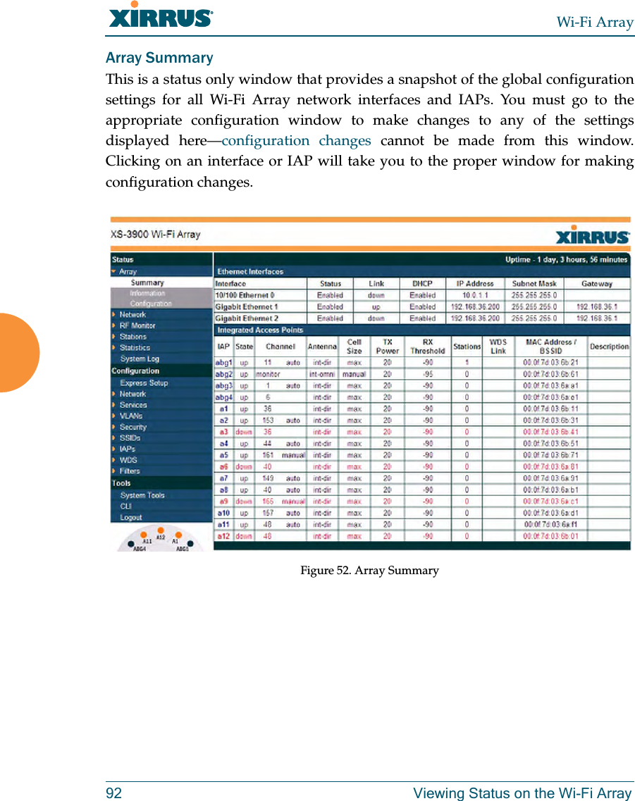Wi-Fi Array92 Viewing Status on the Wi-Fi ArrayArray SummaryThis is a status only window that provides a snapshot of the global configuration settings for all Wi-Fi Array network interfaces and IAPs. You must go to the appropriate configuration window to make changes to any of the settings displayed here—configuration changes cannot be made from this window. Clicking on an interface or IAP will take you to the proper window for making configuration changes. Figure 52. Array Summary