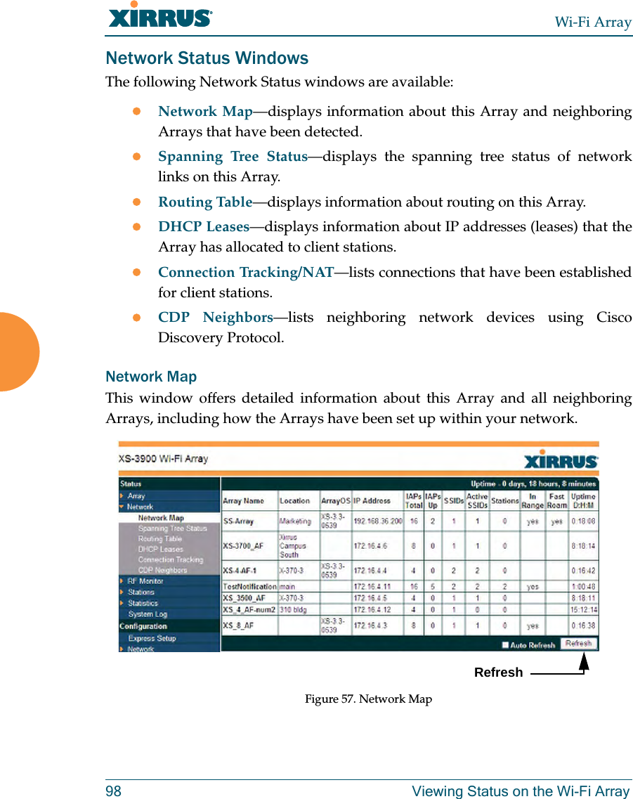 Wi-Fi Array98 Viewing Status on the Wi-Fi ArrayNetwork Status WindowsThe following Network Status windows are available:zNetwork Map—displays information about this Array and neighboring Arrays that have been detected. zSpanning Tree Status—displays the spanning tree status of network links on this Array. zRouting Table—displays information about routing on this Array. zDHCP Leases—displays information about IP addresses (leases) that the Array has allocated to client stations. zConnection Tracking/NAT—lists connections that have been established for client stations. zCDP Neighbors—lists neighboring network devices using Cisco Discovery Protocol. Network MapThis window offers detailed information about this Array and all neighboring Arrays, including how the Arrays have been set up within your network. Figure 57. Network MapRefresh