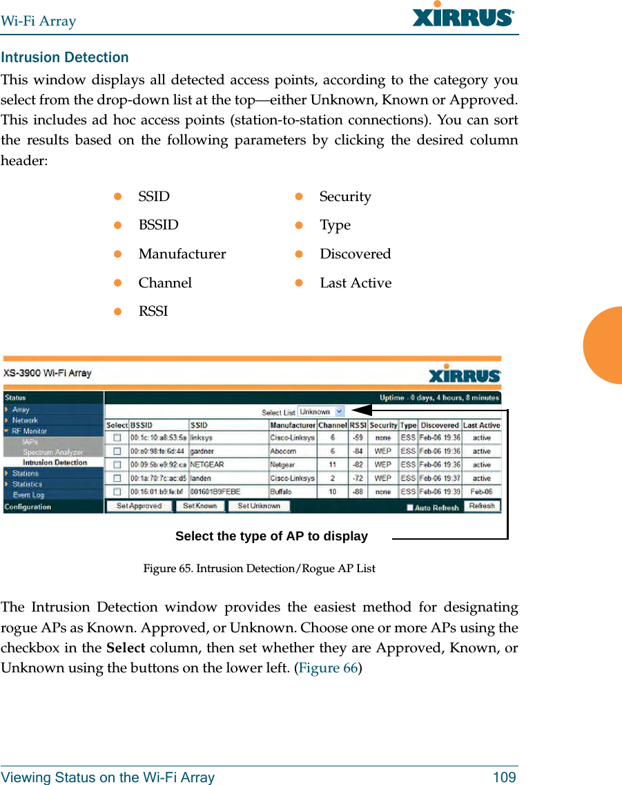 Wi-Fi ArrayViewing Status on the Wi-Fi Array 109Intrusion Detection This window displays all detected access points, according to the category you select from the drop-down list at the top—either Unknown, Known or Approved.This includes ad hoc access points (station-to-station connections). You can sort the results based on the following parameters by clicking the desired column header: Figure 65. Intrusion Detection/Rogue AP ListThe Intrusion Detection window provides the easiest method for designating rogue APs as Known. Approved, or Unknown. Choose one or more APs using the checkbox in the Select column, then set whether they are Approved, Known, or Unknown using the buttons on the lower left. (Figure 66) zSSID zSecurityzBSSID zTypezManufacturer zDiscoveredzChannel zLast ActivezRSSISelect the type of AP to display