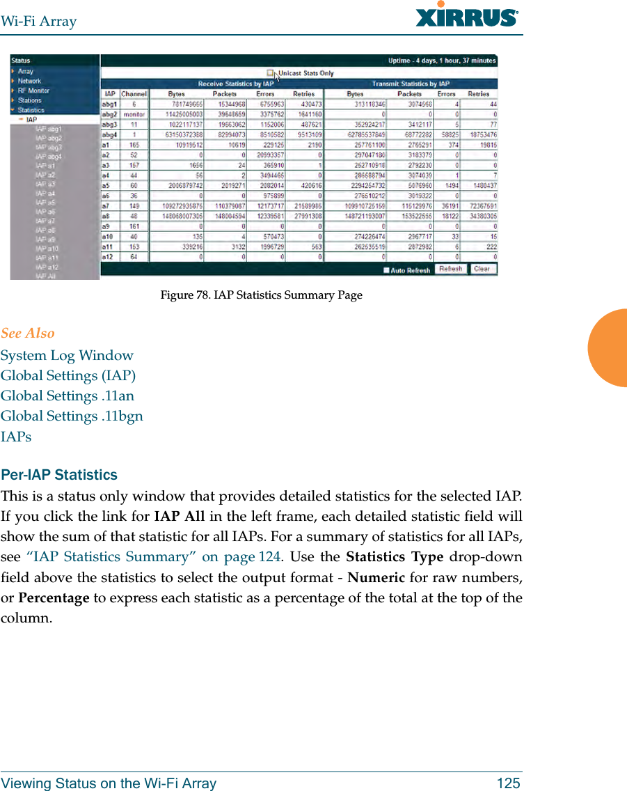Wi-Fi ArrayViewing Status on the Wi-Fi Array 125Figure 78. IAP Statistics Summary PageSee AlsoSystem Log WindowGlobal Settings (IAP)Global Settings .11anGlobal Settings .11bgnIAPsPer-IAP Statistics This is a status only window that provides detailed statistics for the selected IAP. If you click the link for IAP All in the left frame, each detailed statistic field will show the sum of that statistic for all IAPs. For a summary of statistics for all IAPs, see “IAP Statistics Summary” on page 124. Use the Statistics Type drop-down field above the statistics to select the output format - Numeric for raw numbers, or Percentage to express each statistic as a percentage of the total at the top of the column.
