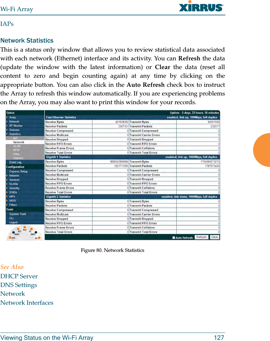 Wi-Fi ArrayViewing Status on the Wi-Fi Array 127IAPsNetwork Statistics This is a status only window that allows you to review statistical data associated with each network (Ethernet) interface and its activity. You can Refresh the data (update the window with the latest information) or Clear the data (reset all content to zero and begin counting again) at any time by clicking on the appropriate button. You can also click in the Auto Refresh check box to instruct the Array to refresh this window automatically. If you are experiencing problems on the Array, you may also want to print this window for your records.Figure 80. Network StatisticsSee AlsoDHCP ServerDNS SettingsNetworkNetwork Interfaces