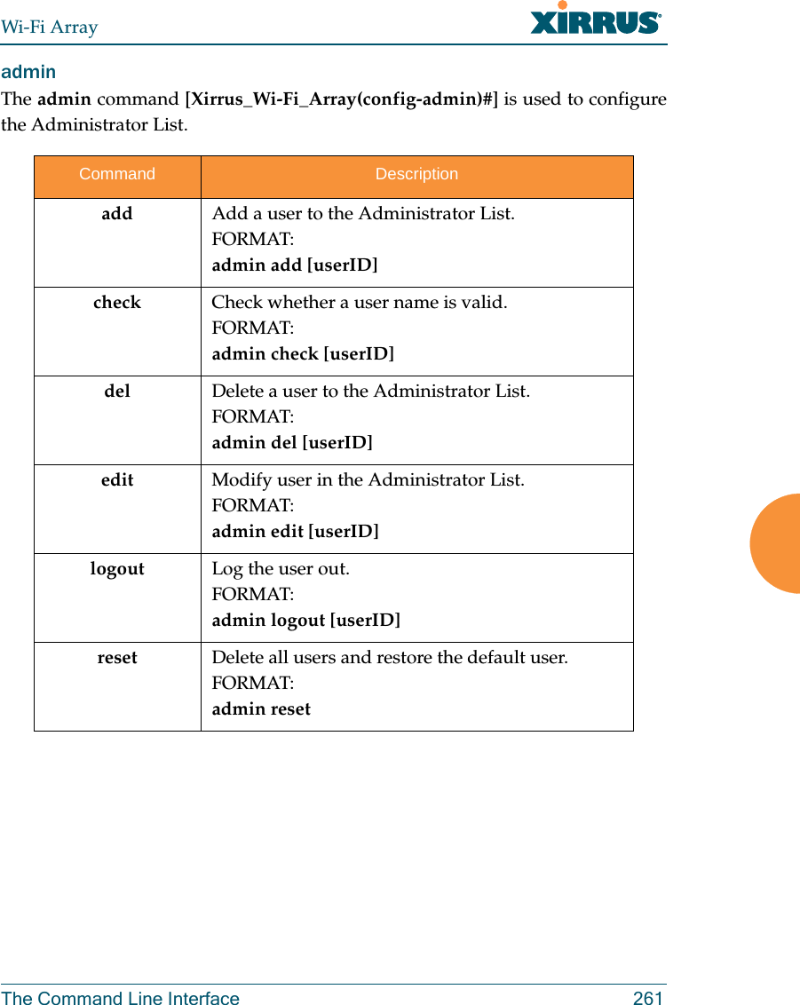 Wi-Fi ArrayThe Command Line Interface 261admin The admin command [Xirrus_Wi-Fi_Array(config-admin)#] is used to configure the Administrator List.Command Descriptionadd  Add a user to the Administrator List.FORMAT:admin add [userID]check Check whether a user name is valid. FORMAT:admin check [userID]del Delete a user to the Administrator List.FORMAT:admin del [userID]edit Modify user in the Administrator List.FORMAT:admin edit [userID]logout Log the user out.FORMAT:admin logout [userID]reset Delete all users and restore the default user.FORMAT:admin reset