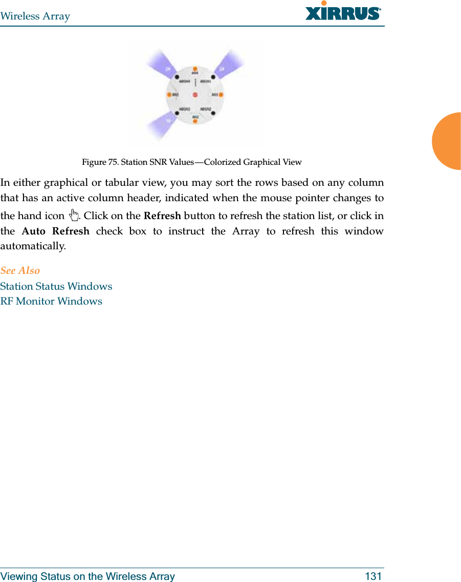 Wireless ArrayViewing Status on the Wireless Array 131Figure 75. Station SNR Values — Colorized Graphical ViewIn either graphical or tabular view, you may sort the rows based on any column that has an active column header, indicated when the mouse pointer changes to the hand icon . Click on the Refresh button to refresh the station list, or click in the Auto Refresh check box to instruct the Array to refresh this window automatically. See AlsoStation Status WindowsRF Monitor Windows