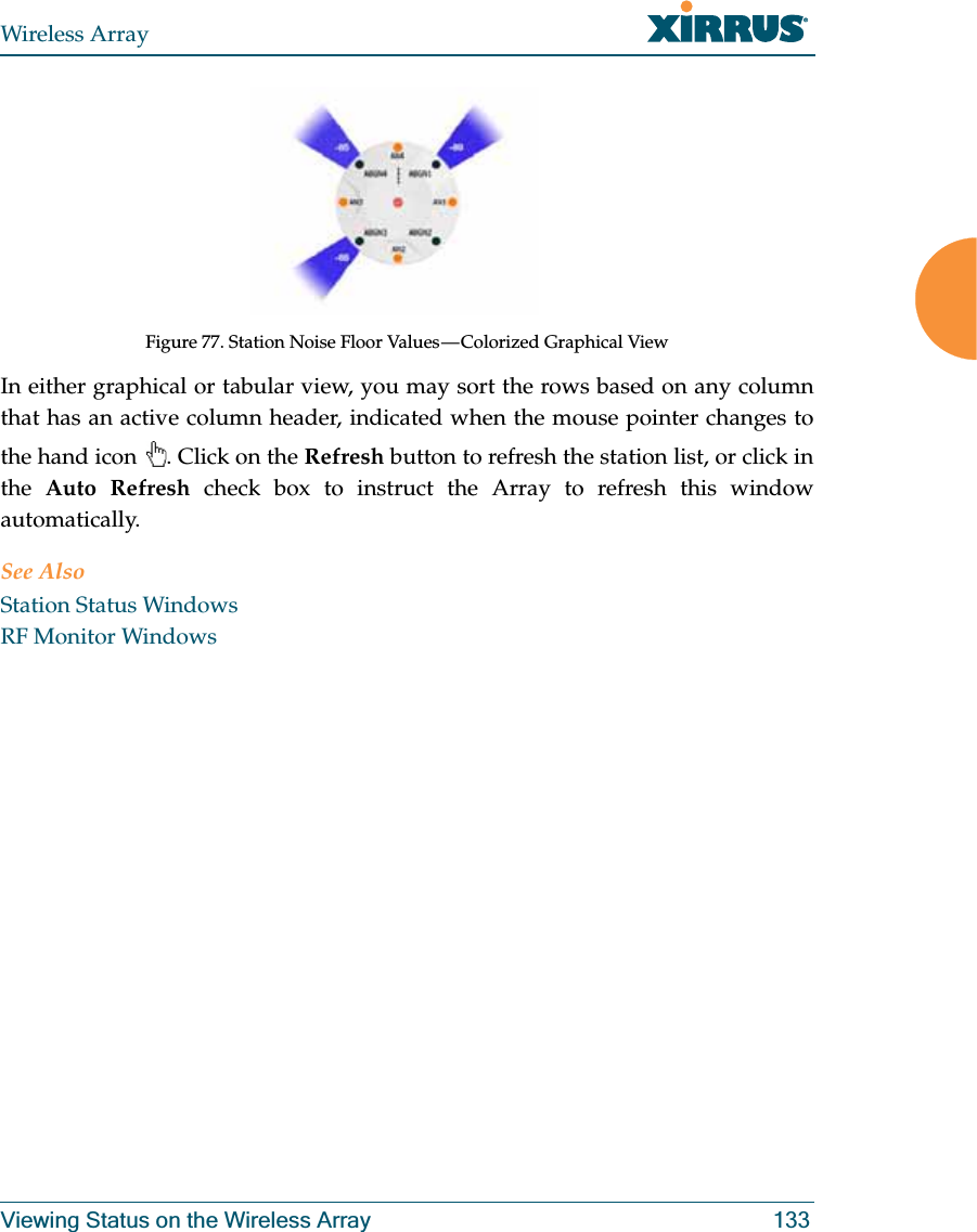 Wireless ArrayViewing Status on the Wireless Array 133Figure 77. Station Noise Floor Values — Colorized Graphical View In either graphical or tabular view, you may sort the rows based on any column that has an active column header, indicated when the mouse pointer changes to the hand icon . Click on the Refresh button to refresh the station list, or click in the Auto Refresh check box to instruct the Array to refresh this window automatically. See AlsoStation Status WindowsRF Monitor Windows