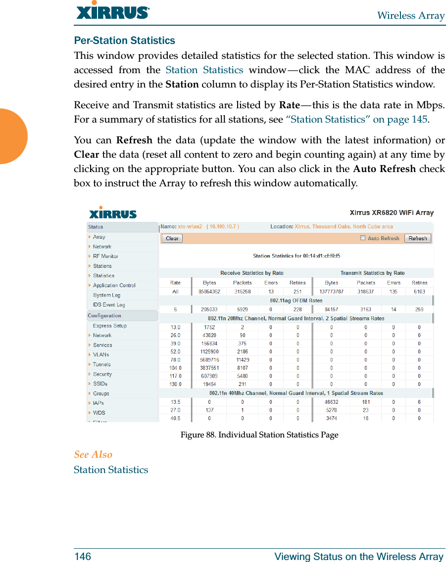 Wireless Array146 Viewing Status on the Wireless ArrayPer-Station Statistics This window provides detailed statistics for the selected station. This window is accessed from the Station Statistics window — click the MAC address of the desired entry in the Station column to display its Per-Station Statistics window. Receive and Transmit statistics are listed by Rate — this is the data rate in Mbps.For a summary of statistics for all stations, see “Station Statistics” on page 145. You can Refresh the data (update the window with the latest information) or Clear the data (reset all content to zero and begin counting again) at any time by clicking on the appropriate button. You can also click in the Auto Refresh check box to instruct the Array to refresh this window automatically. Figure 88. Individual Station Statistics PageSee AlsoStation Statistics