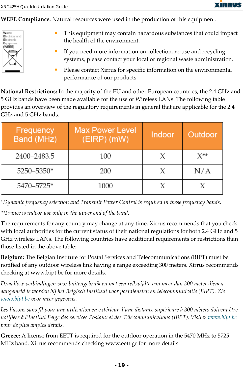 XR-2425H Quick Installation Guide   - 19 - WEEE Compliance: Natural resources were used in the production of this equipment.   This equipment may contain hazardous substances that could impact the health of the environment.  If you need more information on collection, re-use and recycling systems, please contact your local or regional waste administration.  Please contact Xirrus for specific information on the environmental performance of our products. National Restrictions: In the majority of the EU and other European countries, the 2.4 GHz and 5 GHz bands have been made available for the use of Wireless LANs. The following table provides an overview of the regulatory requirements in general that are applicable for the 2.4 GHz and 5 GHz bands.  *Dynamic frequency selection and Transmit Power Control is required in these frequency bands. **France is indoor use only in the upper end of the band. The requirements for any country may change at any time. Xirrus recommends that you check with local authorities for the current status of their national regulations for both 2.4 GHz and 5 GHz wireless LANs. The following countries have additional requirements or restrictions than those listed in the above table: Belgium: The Belgian Institute for Postal Services and Telecommunications (BIPT) must be notified of any outdoor wireless link having a range exceeding 300 meters. Xirrus recommends checking at www.bipt.be for more details. Draadloze verbindingen voor buitengebruik en met een reikwijdte van meer dan 300 meter dienen aangemeld te worden bij het Belgisch Instituut voor postdiensten en telecommunicatie (BIPT). Zie www.bipt.be voor meer gegevens. Les liasons sans fil pour une utilisation en extérieur d’une distance supérieure à 300 mèters doivent être notifiées à l’Institut Belge des services Postaux et des Télécommunications (IBPT). Visitez www.bipt.be pour de plus amples détails. Greece: A license from EETT is required for the outdoor operation in the 5470 MHz to 5725 MHz band. Xirrus recommends checking www.eett.gr for more details. 
