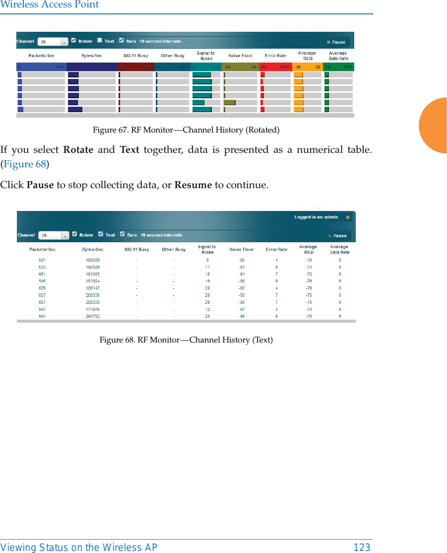 Wireless Access PointViewing Status on the Wireless AP 123Figure 67. RF Monitor — Channel History (Rotated)If you select Rotate and Text  together, data is presented as a numerical table. (Figure 68)Click Pause to stop collecting data, or Resume to continue.Figure 68.  RF  Monitor — Channel  History  (Text)