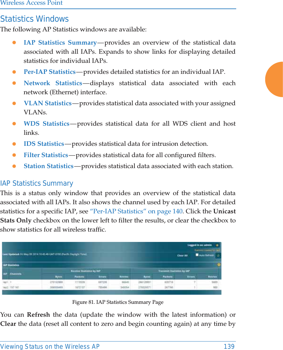 Wireless Access PointViewing Status on the Wireless AP 139Statistics WindowsThe following AP Statistics windows are available: zIAP Statistics Summary — provides an overview of the statistical data associated with all IAPs. Expands to show links for displaying detailed statistics for individual IAPs. zPer-IAP Statistics — provides detailed statistics for an individual IAP. zNetwork Statistics — displays statistical data associated with each network (Ethernet) interface.zVLAN Statistics — provides statistical data associated with your assigned VLANs.zWDS Statistics — provides  statistical  data  for  all WDS client and host links.zIDS Statistics — provides statistical data for intrusion detection. zFilter Statistics — provides statistical data for all configured filters. zStation Statistics — provides statistical  data associated with each station. IAP Statistics SummaryThis is a status only window that provides an overview of the statistical data associated with all IAPs. It also shows the channel used by each IAP. For detailed statistics for a specific IAP, see “Per-IAP Statistics” on page 140. Click the Unicast Stats Only checkbox on the lower left to filter the results, or clear the checkbox to show statistics for all wireless traffic. Figure 81. IAP Statistics Summary PageYou can Refresh the data (update the window with the latest information) or Clear the data (reset all content to zero and begin counting again) at any time by 