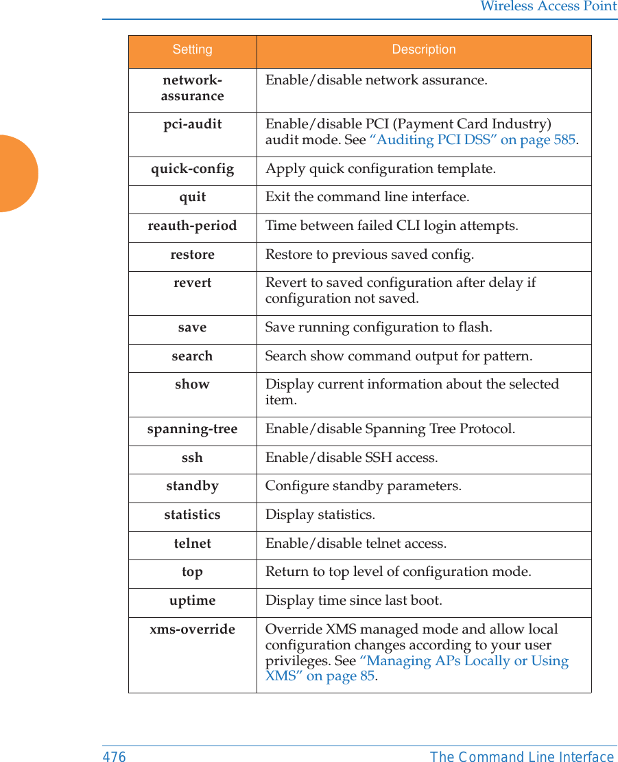 Wireless Access Point476 The Command Line Interfacenetwork-assuranceEnable/disable network assurance.pci-audit Enable/disable PCI (Payment Card Industry) audit mode. See “Auditing PCI DSS” on page 585. quick-config Apply quick configuration template.quit Exit the command line interface.reauth-period Time between failed CLI login attempts.restore Restore to previous saved config.revert Revert to saved configuration after delay if configuration not saved.save Save running configuration to flash.search Search show command output for pattern.show Display current information about the selected item.spanning-tree Enable/disable Spanning Tree Protocol.ssh Enable/disable SSH access.standby Configure standby parameters.statistics Display statistics.telnet Enable/disable telnet access.top Return to top level of configuration mode.uptime Display time since last boot.xms-override Override XMS managed mode and allow local configuration changes according to your user privileges. See “Managing APs Locally or Using XMS” on page 85.Setting Description