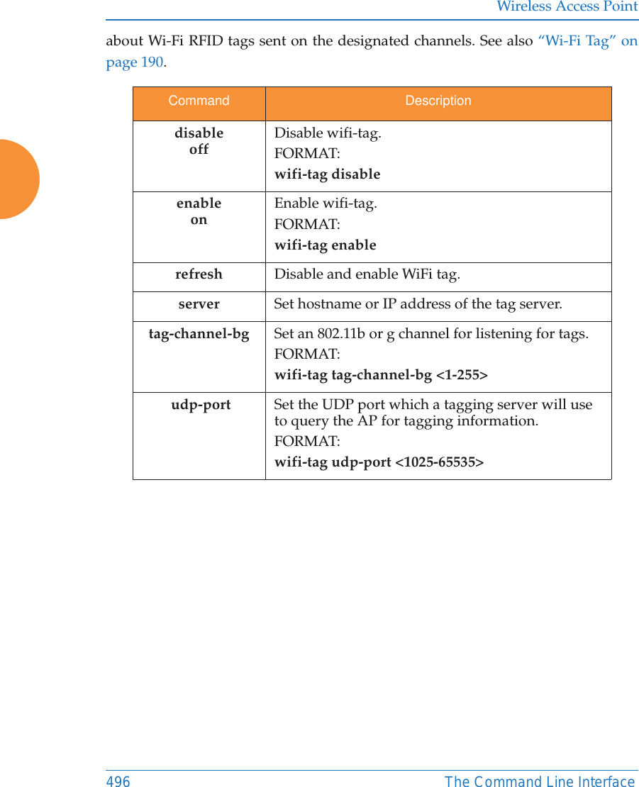 Wireless Access Point496 The Command Line Interfaceabout Wi-Fi RFID tags sent on the designated channels. See also “Wi-Fi Tag” on page 190.Command DescriptiondisableoffDisable wifi-tag.FORMAT:wifi-tag disableenableonEnable wifi-tag.FORMAT:wifi-tag enablerefresh Disable and enable WiFi tag.server Set hostname or IP address of the tag server.tag-channel-bg Set an 802.11b or g channel for listening for tags.FORMAT:wifi-tag tag-channel-bg &lt;1-255&gt; udp-port Set the UDP port which a tagging server will use to query the AP for tagging information.FORMAT:wifi-tag udp-port &lt;1025-65535&gt;