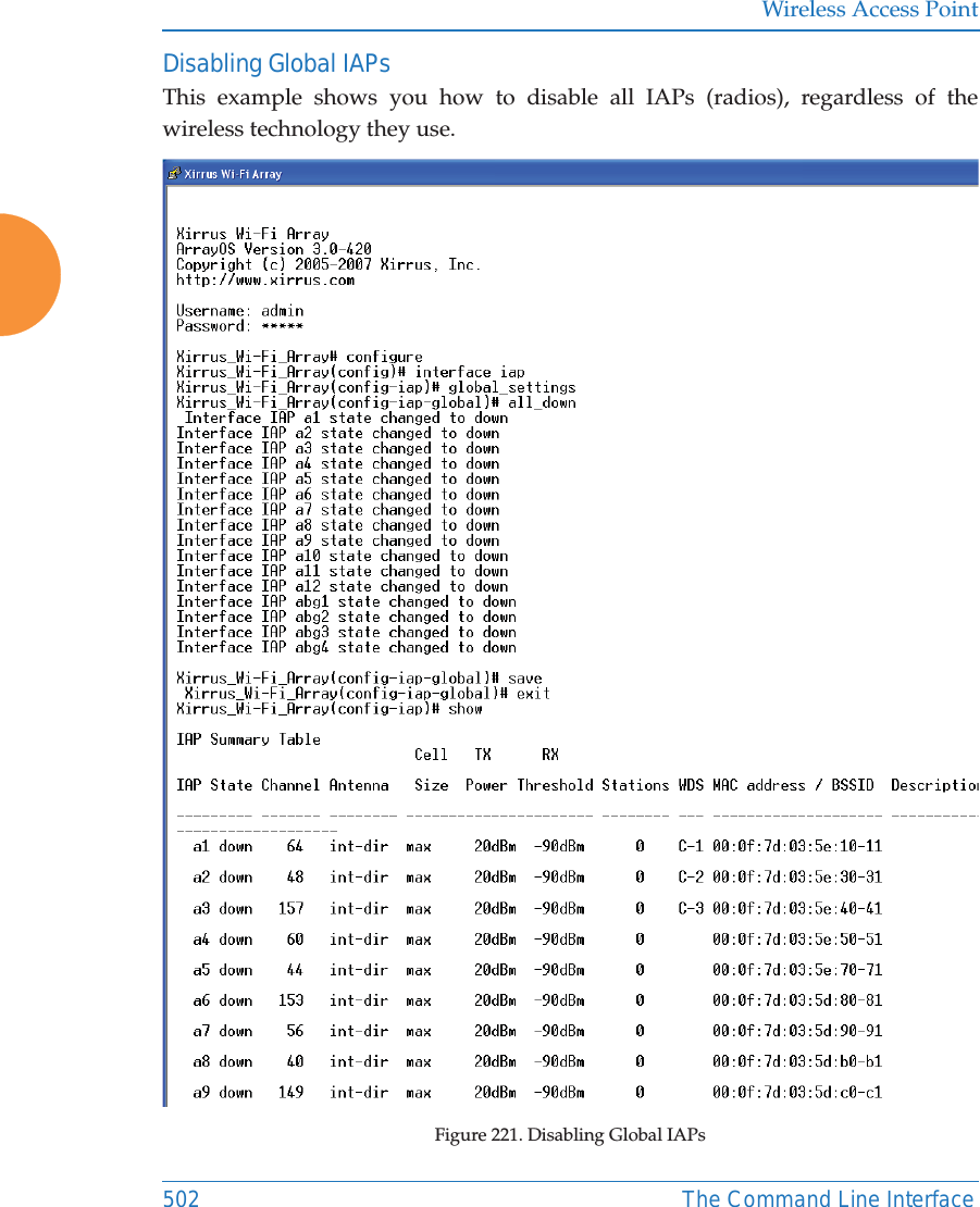 Wireless Access Point502 The Command Line InterfaceDisabling Global IAPsThis example shows you how to disable all IAPs (radios), regardless of the wireless technology they use.Figure 221. Disabling Global IAPs