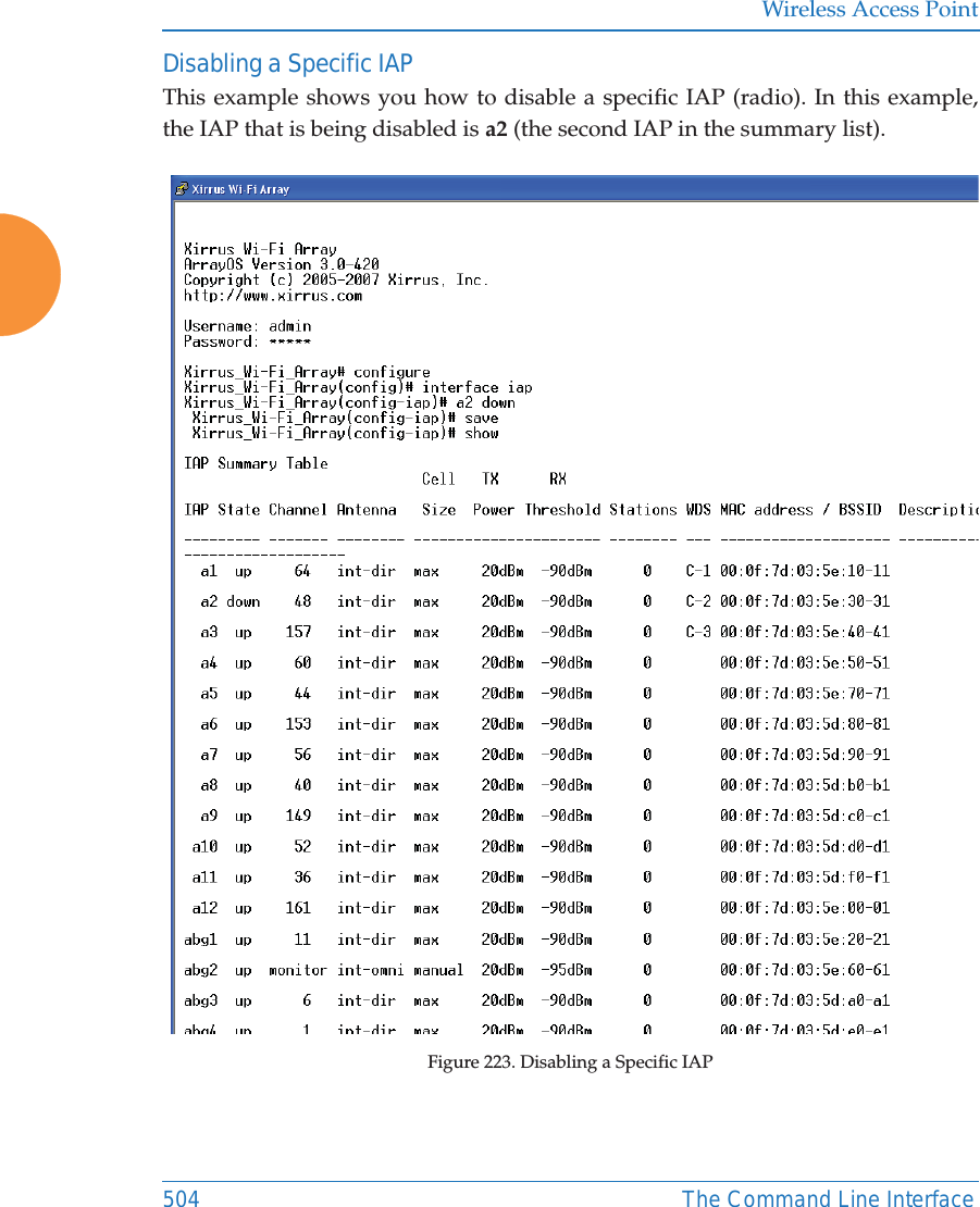 Wireless Access Point504 The Command Line InterfaceDisabling a Specific IAPThis example shows you how to disable a specific IAP (radio). In this example, the IAP that is being disabled is a2 (the second IAP in the summary list).Figure 223. Disabling a Specific IAP