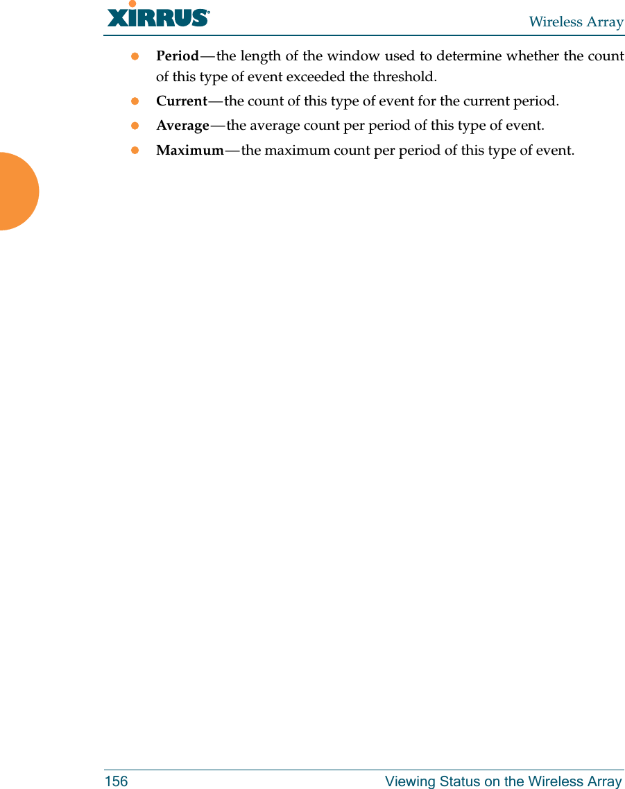 Wireless Array156 Viewing Status on the Wireless ArrayPeriod — the length of the window used to determine whether the count of this type of event exceeded the threshold.Current — the count of this type of event for the current period. Average — the average count per period of this type of event.Maximum — the maximum count per period of this type of event.