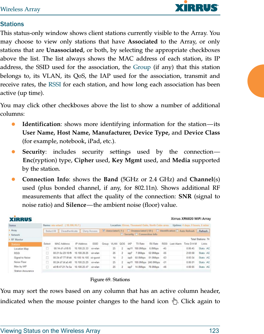Wireless ArrayViewing Status on the Wireless Array 123StationsThis status-only window shows client stations currently visible to the Array. You may choose to view only stations that have Associated to the Array, or only stations that are Unassociated, or both, by selecting the appropriate checkboxes above the list. The list always shows the MAC address of each station, its IP address, the SSID used for the association, the Group (if any) that this station belongs to, its VLAN, its QoS, the IAP used for the association, transmit and receive rates, the RSSI for each station, and how long each association has been active (up time).You may click other checkboxes above the list to show a number of additional columns:Identification: shows more identifying information for the station — its User Name, Host Name, Manufacturer, Device Type, and Device Class(for example, notebook, iPad, etc.). Security: includes security settings used by the connection — Enc(ryption) type, Cipher used, Key Mgmt used, and Media supported by the station.Connection Info: shows the Band (5GHz or 2.4 GHz) and Channel(s) used (plus bonded channel, if any, for 802.11n). Shows additional RF measurements that affect the quality of the connection: SNR (signal to noise ratio) and Silence — the ambient noise (floor) value. Figure 69. Stations You may sort the rows based on any column that has an active column header, indicated when the mouse pointer changes to the hand icon . Click again to