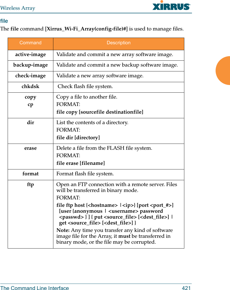 Wireless ArrayThe Command Line Interface 421file The file command [Xirrus_Wi-Fi_Array(config-file)#] is used to manage files.Command Descriptionactive-image  Validate and commit a new array software image. backup-image  Validate and commit a new backup software image. check-image    Validate a new array software image. chkdsk         Check flash file system.copycpCopy a file to another file.FORMAT:file copy [sourcefile destinationfile]dir List the contents of a directory.FORMAT:file dir [directory]erase Delete a file from the FLASH file system.FORMAT:file erase [filename]format         Format flash file system.ftp Open an FTP connection with a remote server. Files will be transferred in binary mode. FORMAT:file ftp host {<hostname> |<ip>} [port <port_#>]   [user {anonymous | <username> password   <passwd> } ] { put <source_file> [<dest_file>] |   get <source_file> [<dest_file>] }Note: Any time you transfer any kind of software image file for the Array, it must be transferred in binary mode, or the file may be corrupted. 