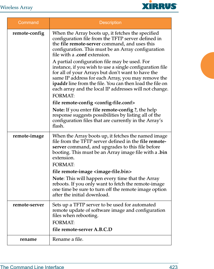 Wireless ArrayThe Command Line Interface 423remote-config When the Array boots up, it fetches the specified configuration file from the TFTP server defined in the file remote-server command, and uses this configuration. This must be an Array configuration file with a .conf extension. A partial configuration file may be used. For instance, if you wish to use a single configuration file for all of your Arrays but don't want to have the same IP address for each Array, you may remove the ipaddr line from the file. You can then load the file on each array and the local IP addresses will not change.FORMAT:file remote-config <config-file.conf> Note: If you enter file remote-config ?, the help response suggests possibilities by listing all of the configuration files that are currently in the Array&rsquo;s flash.remote-image When the Array boots up, it fetches the named image file from the TFTP server defined in the file remote-server command, and upgrades to this file before booting. This must be an Array image file with a .bin extension.FORMAT:file remote-image <image-file.bin> Note: This will happen every time that the Array reboots. If you only want to fetch the remote-image one time be sure to turn off the remote image option after the initial download.remote-server Sets up a TFTP server to be used for automated remote update of software image and configuration files when rebooting. FORMAT:file remote-server A.B.C.D rename         Rename a file.Command Description