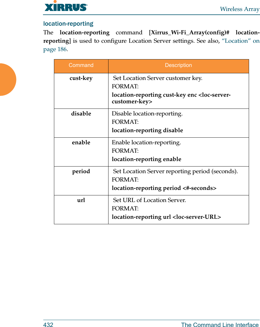 Wireless Array432 The Command Line Interfacelocation-reporting The  location-reporting command [Xirrus_Wi-Fi_Array(config)# location-reporting] is used to configure Location Server settings. See also, &ldquo;Location&rdquo; on page 186. Command Descriptioncust-key   Set Location Server customer key.FORMAT:location-reporting cust-key enc <loc-server-customer-key> disable Disable location-reporting.FORMAT:location-reporting disableenable Enable location-reporting.FORMAT:location-reporting enableperiod   Set Location Server reporting period (seconds).FORMAT:location-reporting period <#-seconds> url   Set URL of Location Server.FORMAT:location-reporting url <loc-server-URL> 