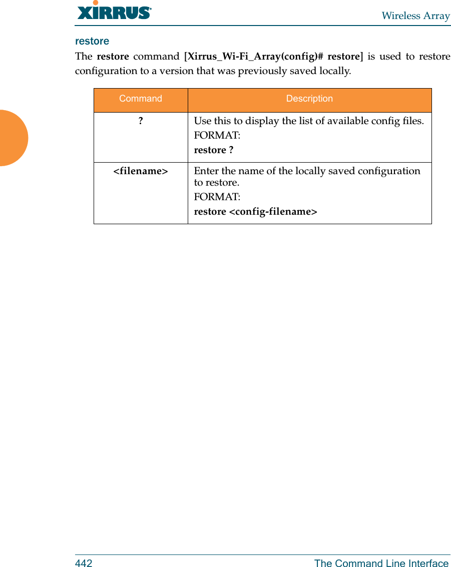 Wireless Array442 The Command Line Interfacerestore The  restore command [Xirrus_Wi-Fi_Array(config)# restore] is used to restore configuration to a version that was previously saved locally. Command Description?Use this to display the list of available config files.FORMAT:restore ?<filename> Enter the name of the locally saved configuration to restore.FORMAT:restore <config-filename>
