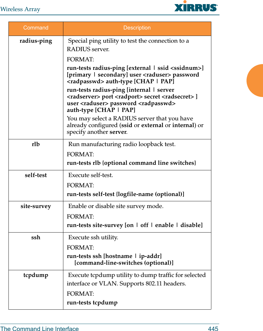 Wireless ArrayThe Command Line Interface 445radius-ping  Special ping utility to test the connection to a RADIUS server.FORMAT:run-tests radius-ping [external | ssid <ssidnum>] [primary | secondary] user <raduser> password <radpasswd> auth-type [CHAP | PAP]run-tests radius-ping [internal | server <radserver> port <radport> secret <radsecret> ] user <raduser> password <radpasswd> auth-type [CHAP | PAP]You may select a RADIUS server that you have already configured (ssid or external or internal) or specify another server. rlb  Run manufacturing radio loopback test.FORMAT:run-tests rlb {optional command line switches}self-test  Execute self-test.FORMAT:run-tests self-test {logfile-name (optional)]site-survey  Enable or disable site survey mode.FORMAT:run-tests site-survey [on | off | enable | disable] ssh  Execute ssh utility.FORMAT:run-tests ssh [hostname | ip-addr]      [command-line-switches (optional)] tcpdump  Execute tcpdump utility to dump traffic for selected interface or VLAN. Supports 802.11 headers.FORMAT:run-tests tcpdumpCommand Description