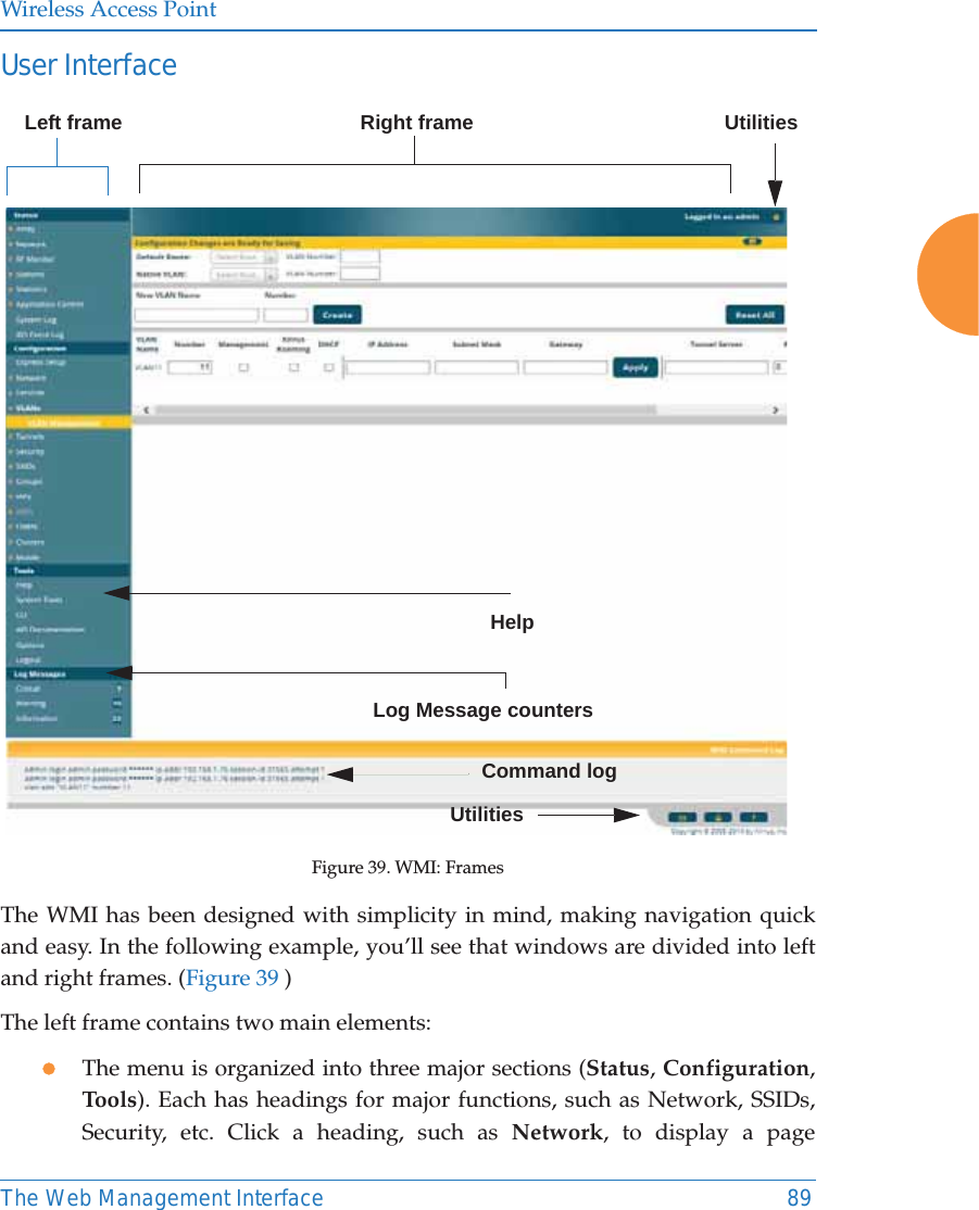 Wireless Access PointThe Web Management Interface 89User Interface Figure 39. WMI: FramesThe WMI has been designed with simplicity in mind, making navigation quick and easy. In the following example, you&rsquo;ll see that windows are divided into left and right frames. (Figure 39 )The left frame contains two main elements: zThe menu is organized into three major sections (Status, Configuration, Tools). Each has headings for major functions, such as Network, SSIDs, Security, etc. Click a heading, such as Network, to display a page Left frame Right frame        UtilitiesLog Message countersHelpCommand logUtilities