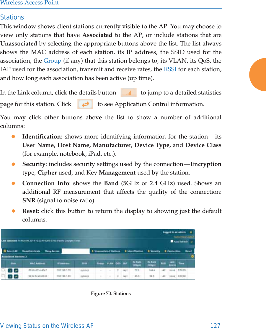 Wireless Access PointViewing Status on the Wireless AP 127StationsThis window shows client stations currently visible to the AP. You may choose to view only stations that have Associated to the AP, or include stations that are Unassociated by selecting the appropriate buttons above the list. The list always shows the MAC address of each station, its IP address, the SSID used for the association, the Group (if any) that this station belongs to, its VLAN, its QoS, the IAP used for the association, transmit and receive rates, the RSSI for each station, and how long each association has been active (up time).In the Link column, click the details button     to jump to a detailed statistics page for this station. Click      to see Application Control information.You may click other buttons above the list to show a number of additional columns: zIdentification: shows more identifying information for the station &mdash; its User Name, Host Name, Manufacturer, Device Type, and Device Class(for example, notebook, iPad, etc.). zSecurity: includes security settings used by the connection &mdash; Encryptiontype, Cipher used, and Key Management used by the station.zConnection Info: shows the Band (5GHz or 2.4 GHz) used. Shows an additional RF measurement that affects the quality of the connection: SNR (signal to noise ratio). zReset: click this button to return the display to showing just the default columns. Figure 70. Stations 