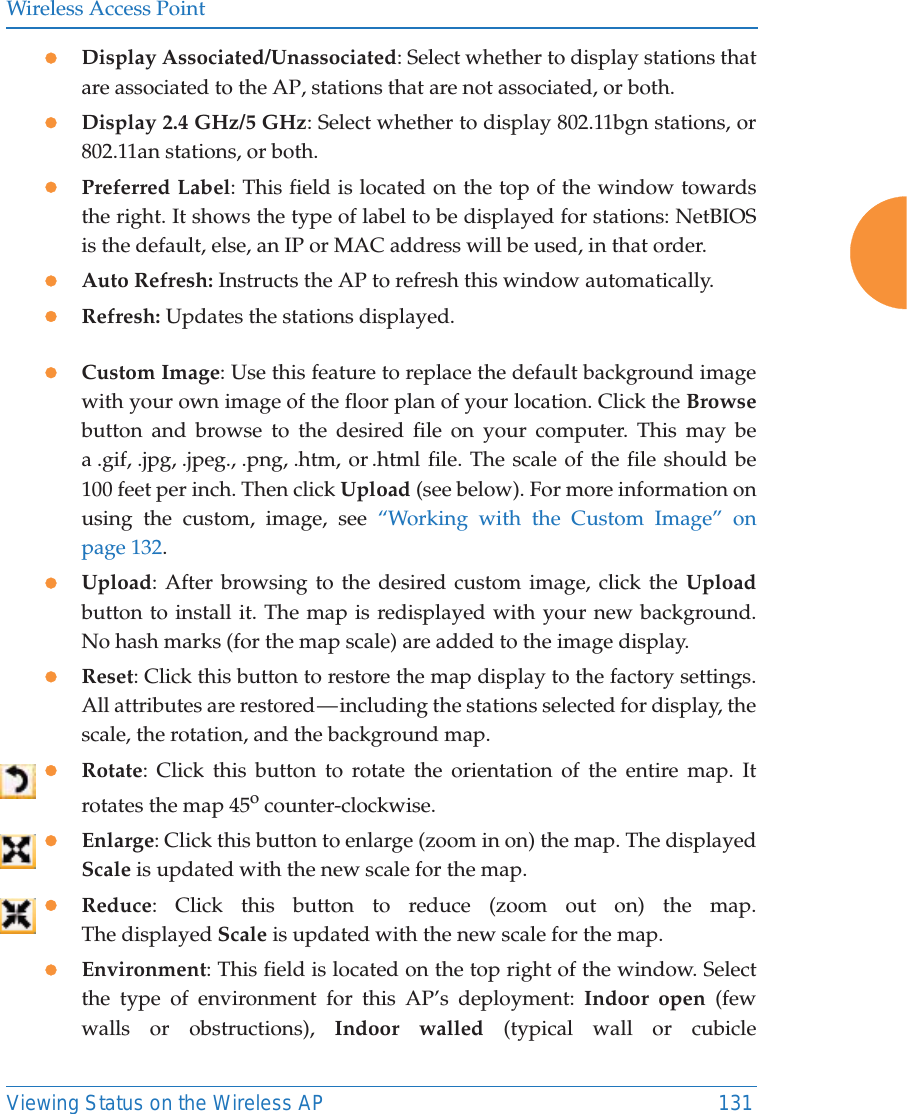 Wireless Access PointViewing Status on the Wireless AP 131zDisplay Associated/Unassociated: Select whether to display stations that are associated to the AP, stations that are not associated, or both. zDisplay 2.4 GHz/5 GHz: Select whether to display 802.11bgn stations, or 802.11an stations, or both.zPreferred Label: This field is located on the top of the window towards the right. It shows the type of label to be displayed for stations: NetBIOS is the default, else, an IP or MAC address will be used, in that order. zAuto Refresh: Instructs the AP to refresh this window automatically. zRefresh: Updates the stations displayed. zCustom Image: Use this feature to replace the default background image with your own image of the floor plan of your location. Click the Browsebutton and browse to the desired file on your computer. This may be a .gif, .jpg, .jpeg., .png, .htm, or .html file. The scale of the file should be 100 feet per inch. Then click Upload (see below). For more information on using the custom, image, see &ldquo;Working with the Custom Image&rdquo; on page 132. zUpload: After browsing to the desired custom image, click the Uploadbutton to install it. The map is redisplayed with your new background. No hash marks (for the map scale) are added to the image display. zReset: Click this button to restore the map display to the factory settings. All attributes are restored &mdash; including the stations selected for display, the scale, the rotation, and the background map. zRotate: Click this button to rotate the orientation of the entire map. It rotates the map 45o counter-clockwise. zEnlarge: Click this button to enlarge (zoom in on) the map. The displayed Scale is updated with the new scale for the map. zReduce: Click this button to reduce (zoom out on) the map. The displayed Scale is updated with the new scale for the map. zEnvironment: This field is located on the top right of the window. Select the type of environment for this AP&rsquo;s deployment: Indoor open (few walls or obstructions), Indoor walled (typical wall or cubicle 