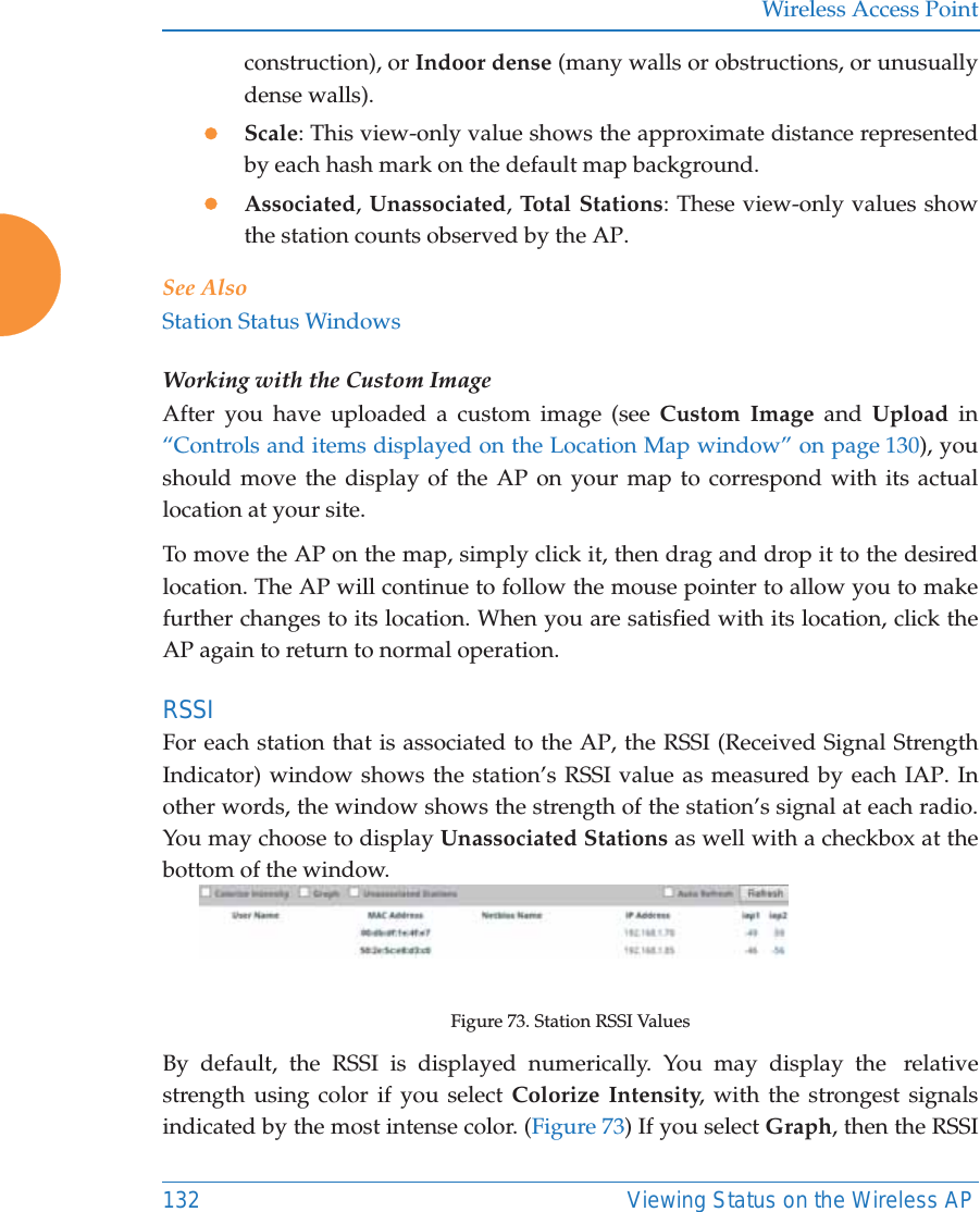 Wireless Access Point132 Viewing Status on the Wireless APconstruction), or Indoor dense (many walls or obstructions, or unusually dense walls). zScale: This view-only value shows the approximate distance represented by each hash mark on the default map background. zAssociated, Unassociated, Total Stations: These view-only values show the station counts observed by the AP. See AlsoStation Status WindowsWorking with the Custom ImageAfter you have uploaded a custom image (see Custom Image and Upload in &ldquo;Controls and items displayed on the Location Map window&rdquo; on page 130), you should move the display of the AP on your map to correspond with its actual location at your site. To move the AP on the map, simply click it, then drag and drop it to the desired location. The AP will continue to follow the mouse pointer to allow you to make further changes to its location. When you are satisfied with its location, click the AP again to return to normal operation. RSSI For each station that is associated to the AP, the RSSI (Received Signal Strength Indicator) window shows the station&rsquo;s RSSI value as measured by each IAP. In other words, the window shows the strength of the station&rsquo;s signal at each radio. You may choose to display Unassociated Stations as well with a checkbox at the bottom of the window. Figure 73. Station RSSI ValuesBy default, the RSSI is displayed numerically. You may display the  relative strength using color if you select Colorize Intensity, with the strongest signals indicated by the most intense color. (Figure 73) If you select Graph, then the RSSI 