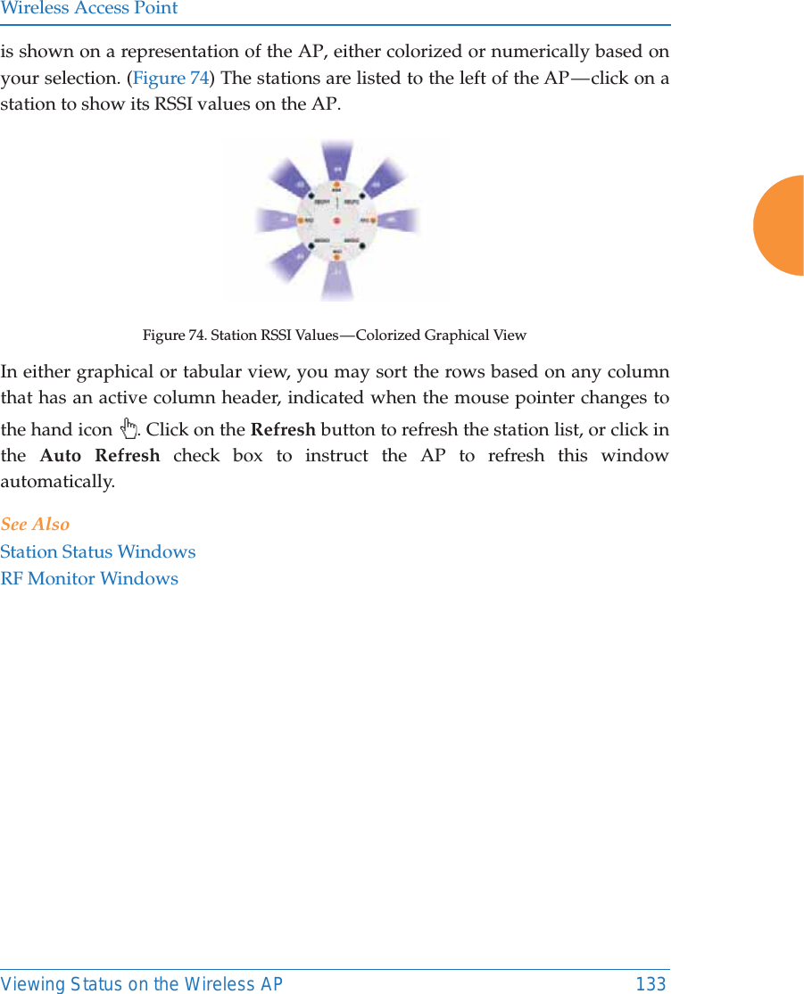 Wireless Access PointViewing Status on the Wireless AP 133is shown on a representation of the AP, either colorized or numerically based on your selection. (Figure 74) The stations are listed to the left of the AP &mdash; click on a station to show its RSSI values on the AP. Figure 74. Station RSSI Values &mdash; Colorized Graphical View In either graphical or tabular view, you may sort the rows based on any column that has an active column header, indicated when the mouse pointer changes to the hand icon  . Click on the Refresh button to refresh the station list, or click in the  Auto Refresh check box to instruct the AP to refresh this window automatically. See AlsoStation Status WindowsRF Monitor Windows