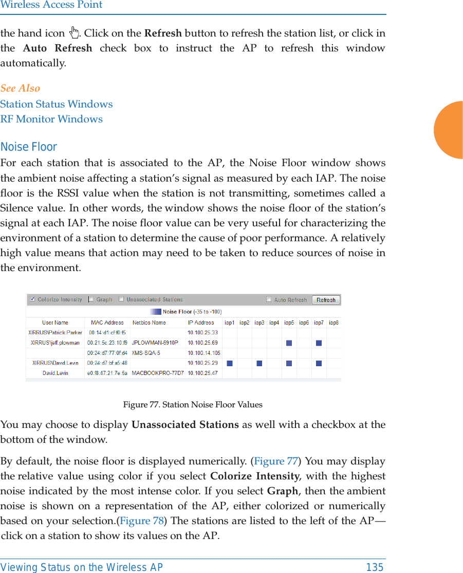 Wireless Access PointViewing Status on the Wireless AP 135the hand icon  . Click on the Refresh button to refresh the station list, or click in the  Auto Refresh check box to instruct the AP to refresh this window automatically. See AlsoStation Status WindowsRF Monitor WindowsNoise Floor For each station that is associated to the AP, the Noise Floor window shows the ambient noise affecting a station&rsquo;s signal as measured by each IAP. The noise floor is the RSSI value when the station is not transmitting, sometimes called a Silence value. In other words, the window shows the noise floor of the station&rsquo;s signal at each IAP. The noise floor value can be very useful for characterizing the environment of a station to determine the cause of poor performance. A relatively high value means that action may need to be taken to reduce sources of noise in the environment. Figure 77. Station Noise Floor ValuesYou may choose to display Unassociated Stations as well with a checkbox at the bottom of the window.By default, the noise floor is displayed numerically. (Figure 77) You may display the relative value using color if you select Colorize Intensity, with the highest noise indicated by the most intense color. If you select Graph, then the ambient noise is shown on a representation of the AP, either colorized or numerically based on your selection.(Figure 78) The stations are listed to the left of the AP &mdash; click on a station to show its values on the AP. 