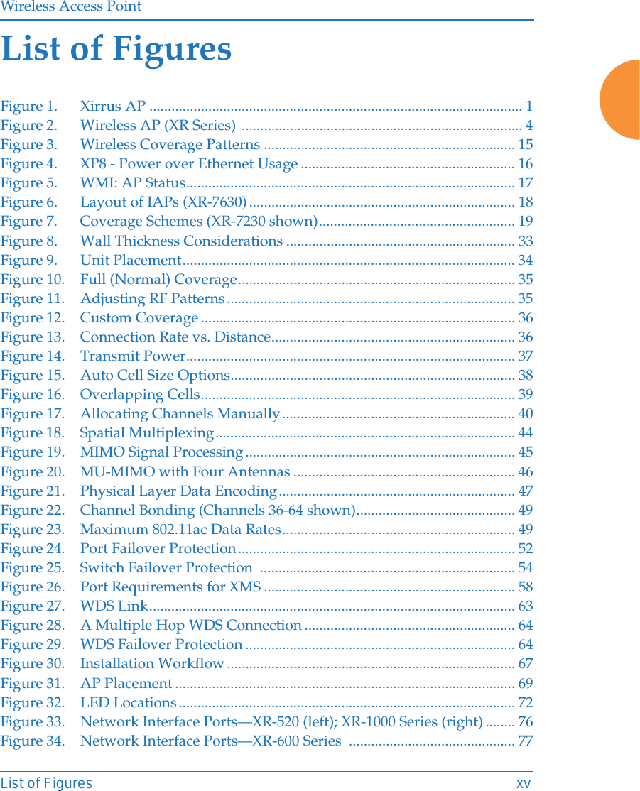 Wireless Access PointList of Figures xvList of FiguresFigure 1. Xirrus AP ..................................................................................................... 1Figure 2. Wireless AP (XR Series) ............................................................................ 4Figure 3. Wireless Coverage Patterns .................................................................... 15Figure 4. XP8 - Power over Ethernet Usage .......................................................... 16Figure 5. WMI: AP Status......................................................................................... 17Figure 6. Layout of IAPs (XR-7630)........................................................................ 18Figure 7. Coverage Schemes (XR-7230 shown)..................................................... 19Figure 8. Wall Thickness Considerations .............................................................. 33Figure 9. Unit Placement.......................................................................................... 34Figure 10. Full (Normal) Coverage........................................................................... 35Figure 11. Adjusting RF Patterns.............................................................................. 35Figure 12. Custom Coverage ..................................................................................... 36Figure 13. Connection Rate vs. Distance.................................................................. 36Figure 14. Transmit Power......................................................................................... 37Figure 15. Auto Cell Size Options............................................................................. 38Figure 16. Overlapping Cells..................................................................................... 39Figure 17. Allocating Channels Manually............................................................... 40Figure 18. Spatial Multiplexing................................................................................. 44Figure 19. MIMO Signal Processing......................................................................... 45Figure 20. MU-MIMO with Four Antennas ............................................................ 46Figure 21. Physical Layer Data Encoding................................................................ 47Figure 22. Channel Bonding (Channels 36-64 shown)........................................... 49Figure 23. Maximum 802.11ac Data Rates............................................................... 49Figure 24. Port Failover Protection........................................................................... 52Figure 25. Switch Failover Protection  ..................................................................... 54Figure 26. Port Requirements for XMS .................................................................... 58Figure 27. WDS Link................................................................................................... 63Figure 28. A Multiple Hop WDS Connection ......................................................... 64Figure 29. WDS Failover Protection ......................................................................... 64Figure 30. Installation Workflow .............................................................................. 67Figure 31. AP Placement ............................................................................................ 69Figure 32. LED Locations........................................................................................... 72Figure 33. Network Interface Ports&mdash;XR-520 (left); XR-1000 Series (right) ........ 76Figure 34. Network Interface Ports&mdash;XR-600 Series  ............................................. 77