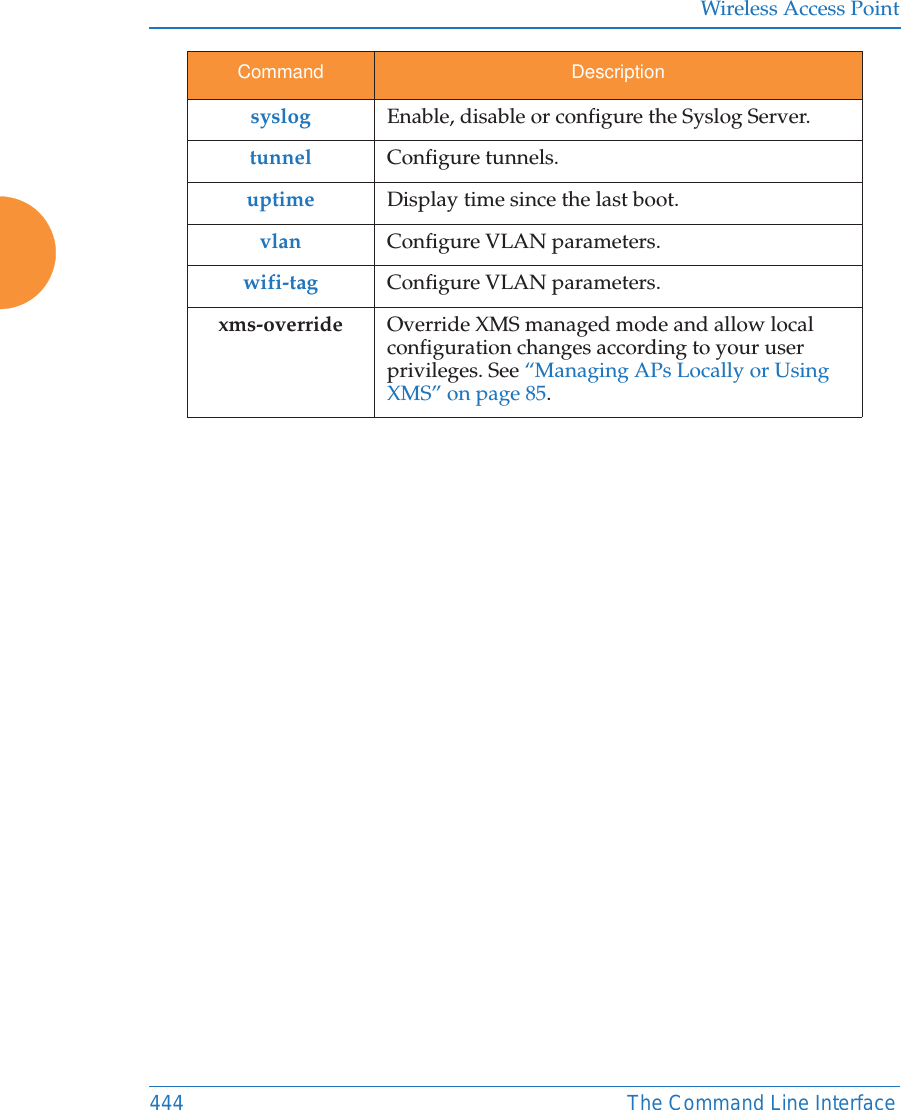 Wireless Access Point444 The Command Line Interfacesyslog Enable, disable or configure the Syslog Server.tunnel Configure tunnels.uptime Display time since the last boot.vlan Configure VLAN parameters.wifi-tag Configure VLAN parameters.xms-override Override XMS managed mode and allow local configuration changes according to your user privileges. See &ldquo;Managing APs Locally or Using XMS&rdquo; on page 85.Command Description