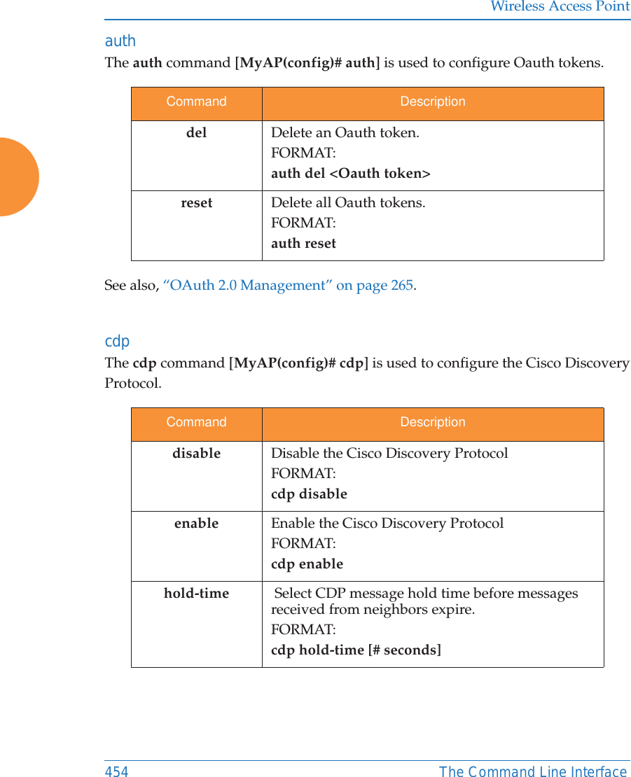 Wireless Access Point454 The Command Line InterfaceauthThe auth command [MyAP(config)# auth] is used to configure Oauth tokens. See also, &ldquo;OAuth 2.0 Management&rdquo; on page 265. cdp The cdp command [MyAP(config)# cdp] is used to configure the Cisco Discovery Protocol.Command Descriptiondel Delete an Oauth token.FORMAT:auth del <Oauth token>reset Delete all Oauth tokens.FORMAT:auth resetCommand Descriptiondisable Disable the Cisco Discovery ProtocolFORMAT:cdp disableenable Enable the Cisco Discovery ProtocolFORMAT:cdp enablehold-time  Select CDP message hold time before messages received from neighbors expire.FORMAT:cdp hold-time [# seconds]