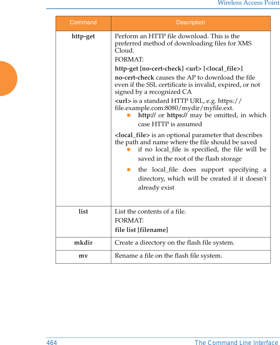 Wireless Access Point464 The Command Line Interfacehttp-get Perform an HTTP file download. This is the preferred method of downloading files for XMS Cloud. FORMAT:http-get [no-cert-check] <url> [<local_file>]no-cert-check causes the AP to download the file even if the SSL certificate is invalid, expired, or not signed by a recognized CA<url> is a standard HTTP URL, e.g. https://file.example.com:8080/mydir/myfile.ext.zhttp:// or https:// may be omitted, in which case HTTP is assumed<local_file> is an optional parameter that describes the path and name where the file should be savedzif no local_file is specified, the file will be saved in the root of the flash storagezthe local_file does support specifying a directory, which will be created if it doesn't already existlist List the contents of a file.FORMAT:file list [filename]mkdir Create a directory on the flash file system.mv Rename a file on the flash file system.Command Description