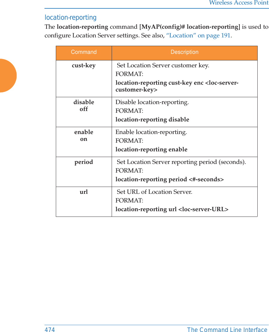 Wireless Access Point474 The Command Line Interfacelocation-reporting The location-reporting command [MyAP(config)# location-reporting] is used to configure Location Server settings. See also, &ldquo;Location&rdquo; on page 191. Command Descriptioncust-key   Set Location Server customer key.FORMAT:location-reporting cust-key enc <loc-server-customer-key> disableoffDisable location-reporting.FORMAT:location-reporting disableenableonEnable location-reporting.FORMAT:location-reporting enableperiod   Set Location Server reporting period (seconds).FORMAT:location-reporting period <#-seconds> url   Set URL of Location Server.FORMAT:location-reporting url <loc-server-URL> 