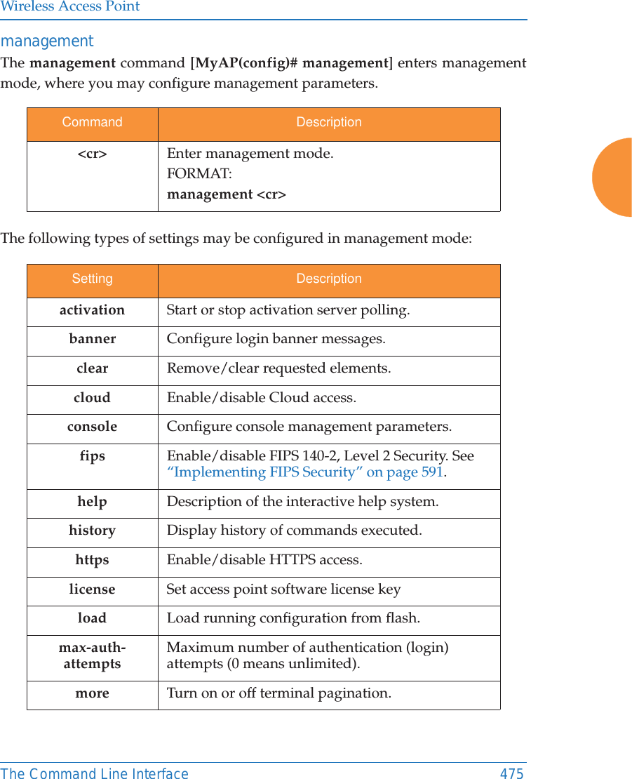 Wireless Access PointThe Command Line Interface 475management The management command [MyAP(config)# management] enters management mode, where you may configure management parameters.The following types of settings may be configured in management mode:Command Description<cr> Enter management mode.FORMAT:management <cr>Setting Descriptionactivation Start or stop activation server polling.banner Configure login banner messages.clear Remove/clear requested elements.cloud Enable/disable Cloud access.console Configure console management parameters.fips Enable/disable FIPS 140-2, Level 2 Security. See &ldquo;Implementing FIPS Security&rdquo; on page 591. help Description of the interactive help system.history Display history of commands executed.https Enable/disable HTTPS access.license Set access point software license keyload Load running configuration from flash.max-auth-attemptsMaximum number of authentication (login) attempts (0 means unlimited).more Turn on or off terminal pagination.