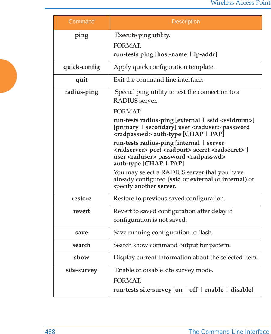 Wireless Access Point488 The Command Line Interfaceping  Execute ping utility.FORMAT:run-tests ping [host-name | ip-addr] quick-config Apply quick configuration template.quit Exit the command line interface.radius-ping  Special ping utility to test the connection to a RADIUS server.FORMAT:run-tests radius-ping [external | ssid <ssidnum>] [primary | secondary] user <raduser> password <radpasswd> auth-type [CHAP | PAP]run-tests radius-ping [internal | server <radserver> port <radport> secret <radsecret> ] user <raduser> password <radpasswd> auth-type [CHAP | PAP]You may select a RADIUS server that you have already configured (ssid or external or internal) or specify another server. restore Restore to previous saved configuration.revert Revert to saved configuration after delay if configuration is not saved.save Save running configuration to flash.search Search show command output for pattern.show Display current information about the selected item.site-survey  Enable or disable site survey mode.FORMAT:run-tests site-survey [on | off | enable | disable] Command Description