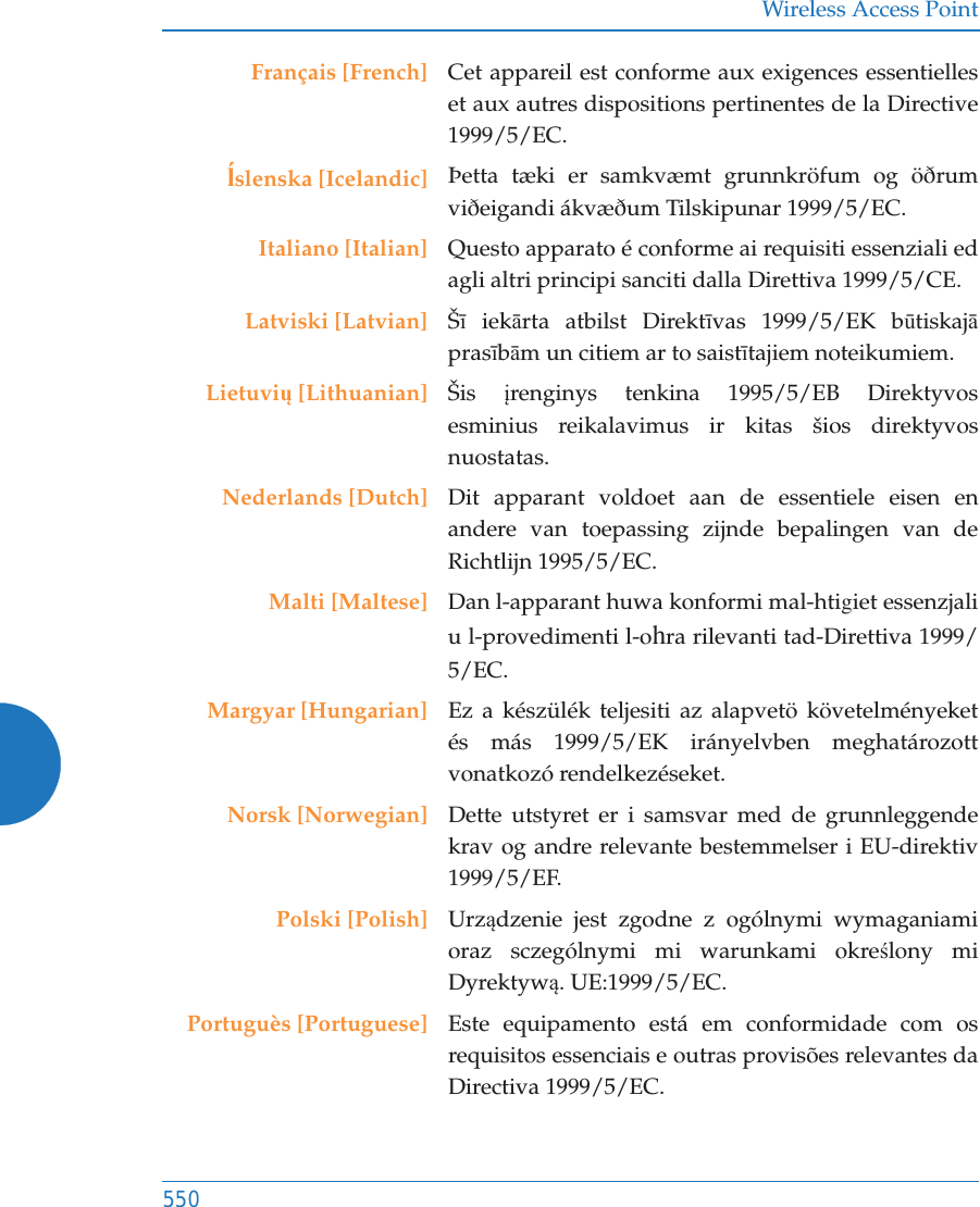 Wireless Access Point550Fran&ccedil;ais [French] Cet appareil est conforme aux exigences essentielles et aux autres dispositions pertinentes de la Directive 1999/5/EC.Ďslenska [Icelandic] &THORN;etta t&aelig;ki er samkv&aelig;mt grunnkr&ouml;fum og &ouml;&eth;rum vi&eth;eigandi &aacute;kv&aelig;&eth;um Tilskipunar 1999/5/EC.Italiano [Italian] Questo apparato &eacute; conforme ai requisiti essenziali ed agli altri principi sanciti dalla Direttiva 1999/5/CE.Latviski [Latvian] &Scaron;Ư iekƗrta atbilst DirektƯvas 1999/5/EK bǌtiskajƗprasƯbƗm un citiem ar to saistƯtajiem noteikumiem.Lietuviǐ [Lithuanian] &Scaron;is  Ƴrenginys tenkina 1995/5/EB Direktyvos esminius reikalavimus ir kitas &scaron;ios direktyvos nuostatas.Nederlands [Dutch] Dit apparant voldoet aan de essentiele eisen en andere van toepassing zijnde bepalingen van de Richtlijn 1995/5/EC.Malti [Maltese] Dan l-apparant huwa konformi mal-htigiet essenzjali u l-provedimenti l-ohra rilevanti tad-Direttiva 1999/5/EC.Margyar [Hungarian] Ez a k&eacute;sz&uuml;l&eacute;k teljesiti az alapvet&ouml; k&ouml;vetelm&eacute;nyeket &eacute;s m&aacute;s 1999/5/EK ir&aacute;nyelvben meghat&aacute;rozott vonatkoz&oacute; rendelkez&eacute;seket.Norsk [Norwegian] Dette utstyret er i samsvar med de grunnleggende krav og andre relevante bestemmelser i EU-direktiv 1999/5/EF.Polski [Polish] Urządzenie jest zgodne z og&oacute;lnymi wymaganiami oraz sczeg&oacute;lnymi mi warunkami okreĞlony mi Dyrektywą. UE:1999/5/EC.Portugu&egrave;s [Portuguese] Este equipamento est&aacute; em conformidade com os requisitos essenciais e outras provis&otilde;es relevantes da Directiva 1999/5/EC.